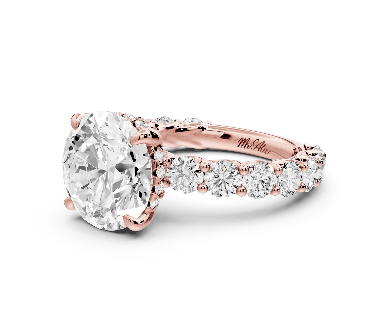 Siena - 3ct 18k rose gold round Hidden Halo with Shared Prong Pavé Engagement Ring - Mr. Alex Jewelry