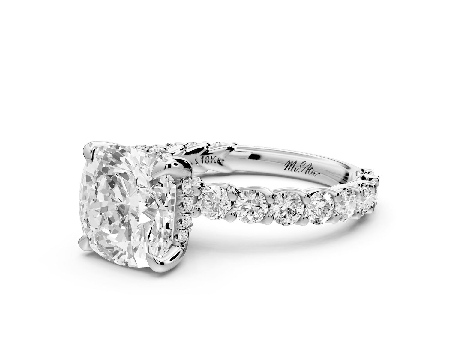 Siena - 3ct 18k white gold cushion Hidden Halo with Shared Prong Pavé Engagement Ring - Mr. Alex Jewelry