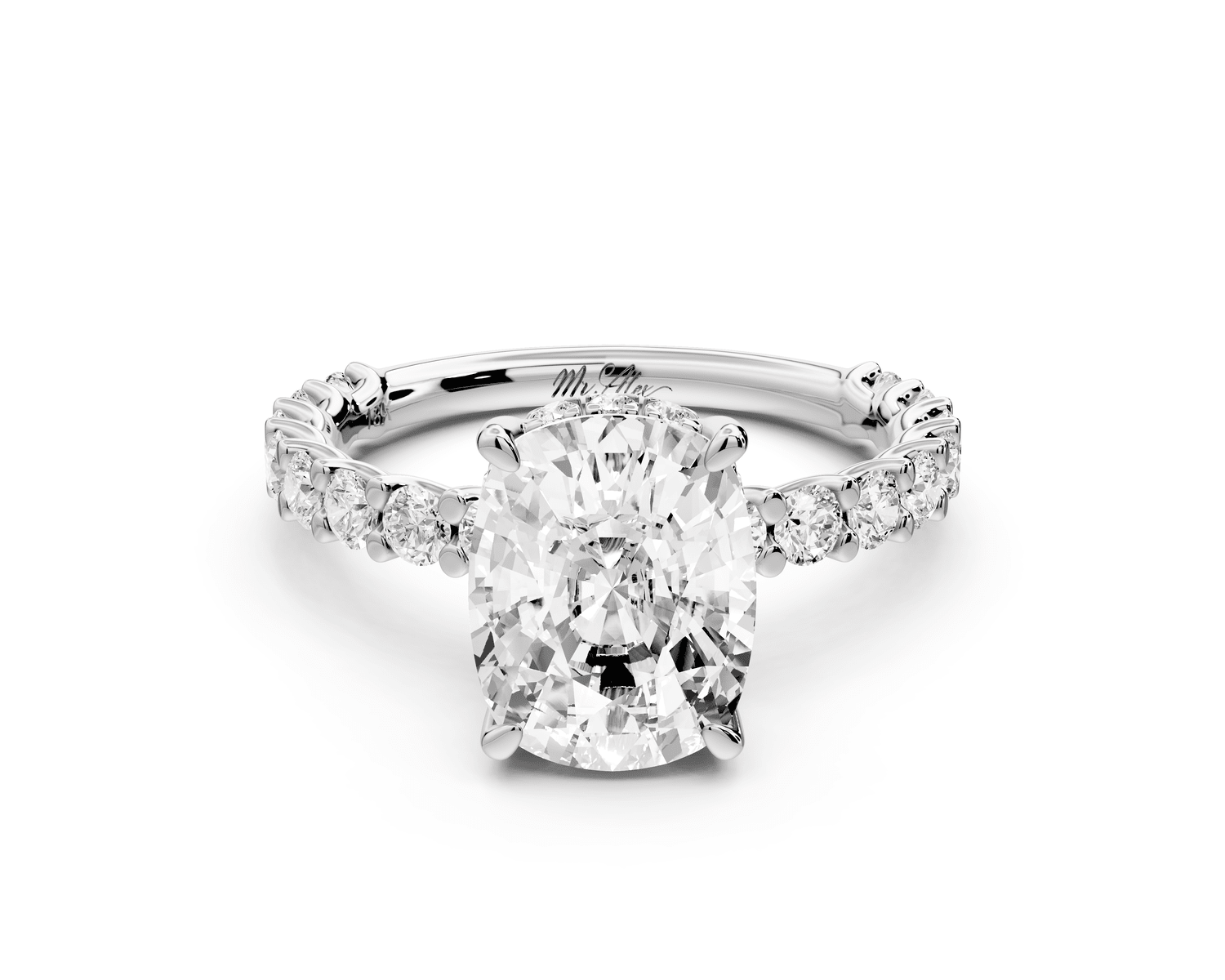 Siena - 3ct 18k white gold ecushion Hidden Halo with Shared Prong Pavé Engagement Ring - Mr. Alex Jewelry