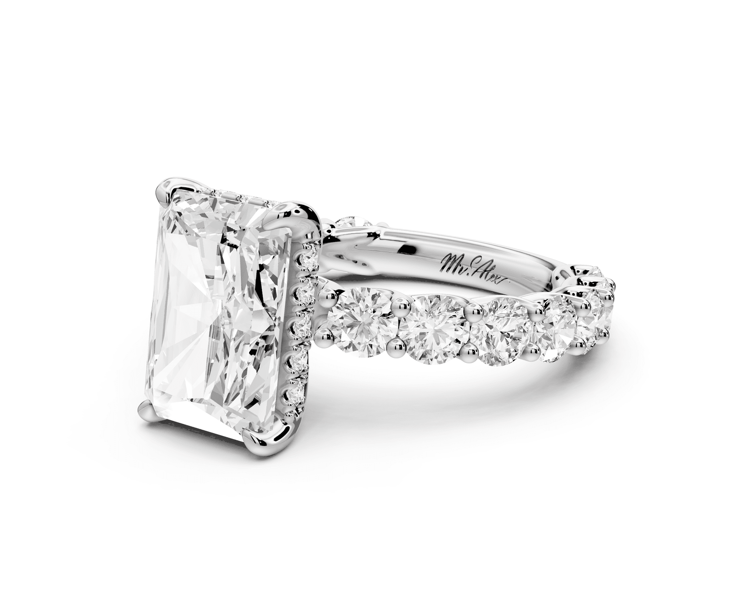 Siena - 3ct 18k white gold radiant Hidden Halo with Shared Prong Pavé Engagement Ring - Mr. Alex Jewelry