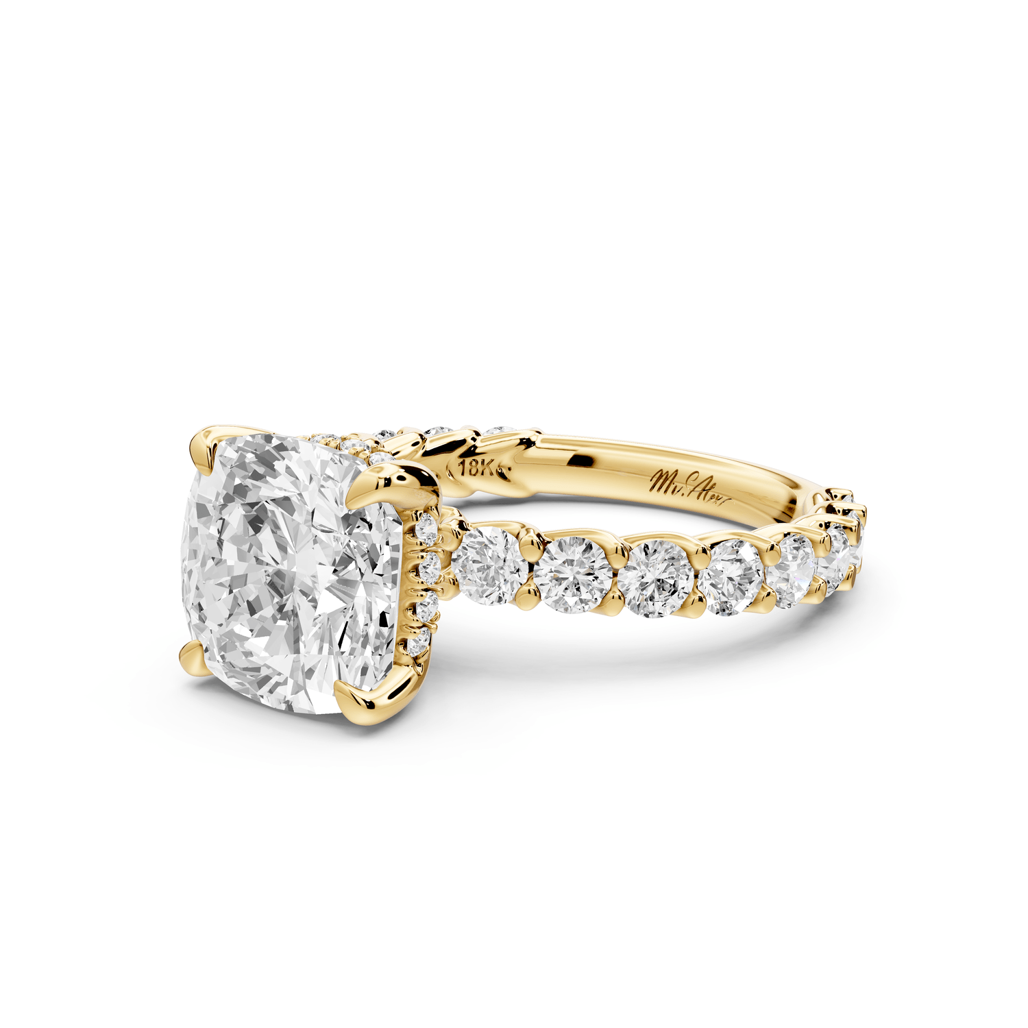 Siena - 3ct 18k yellow gold cushion Hidden Halo with Shared Prong Pavé Engagement Ring - Mr. Alex Jewelry