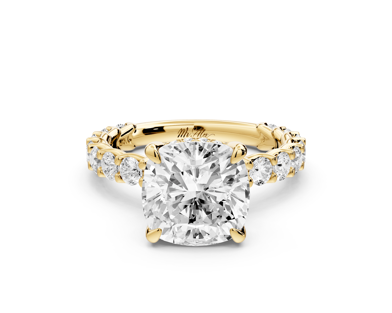 Siena - 3ct 18k yellow gold cushion Hidden Halo with Shared Prong Pavé Engagement Ring - Mr. Alex Jewelry