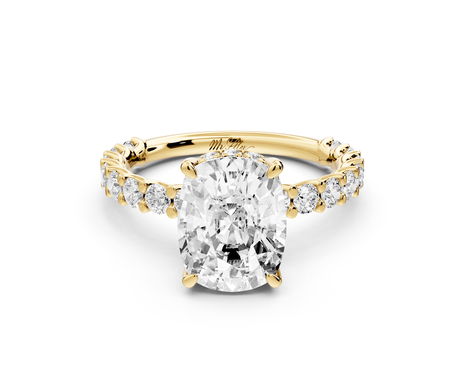 Siena - 3ct 18k yellow gold ecushion Hidden Halo with Shared Prong Pavé Engagement Ring - Mr. Alex Jewelry