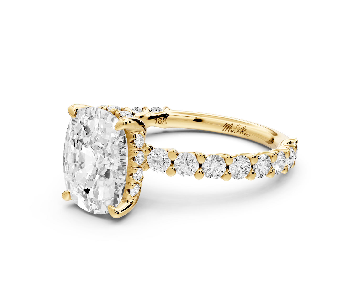 Siena - 3ct 18k yellow gold ecushion Hidden Halo with Shared Prong Pavé Engagement Ring - Mr. Alex Jewelry
