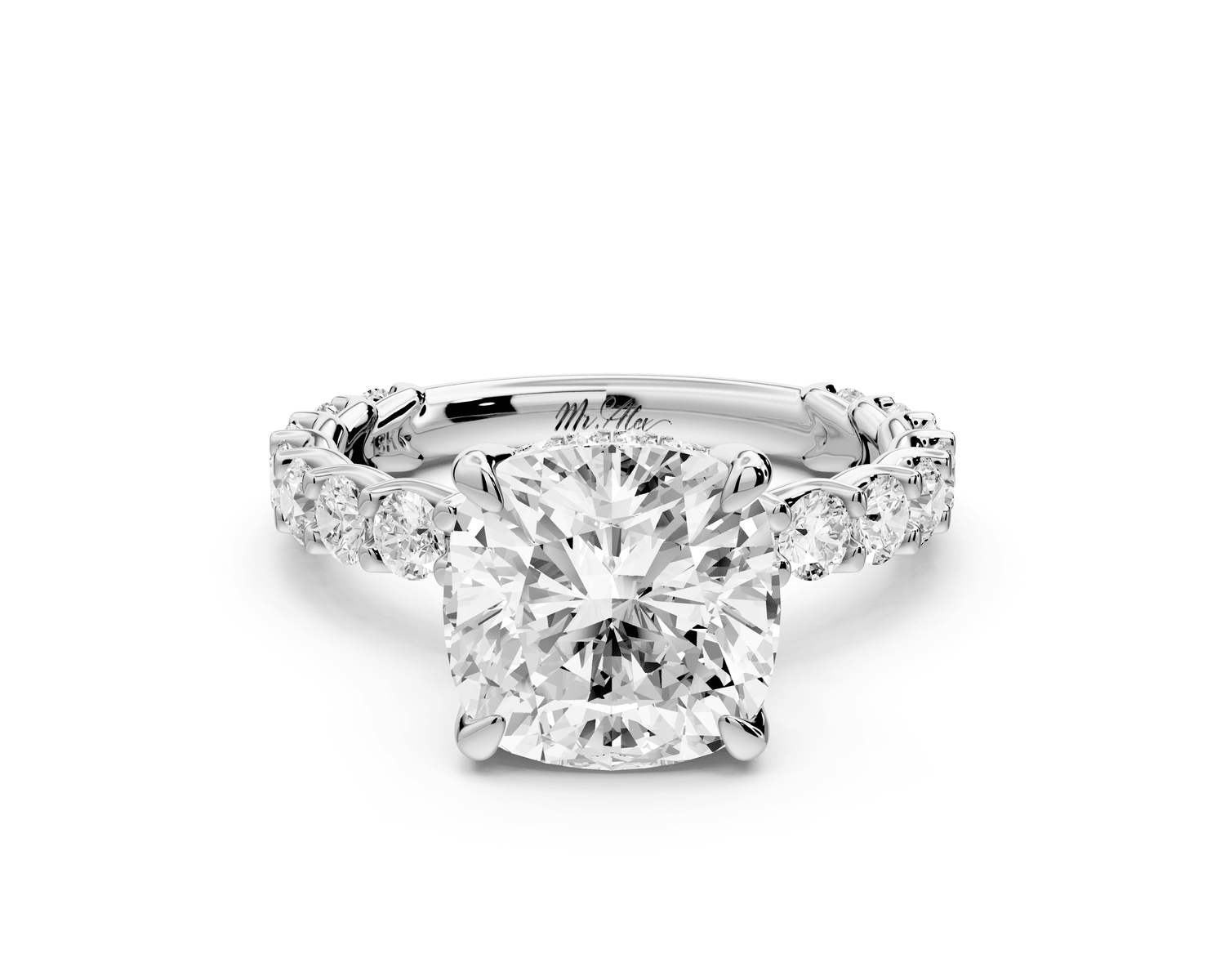 Siena - 3ct platinum cushion Hidden Halo with Shared Prong Pavé Engagement Ring - Mr. Alex Jewelry