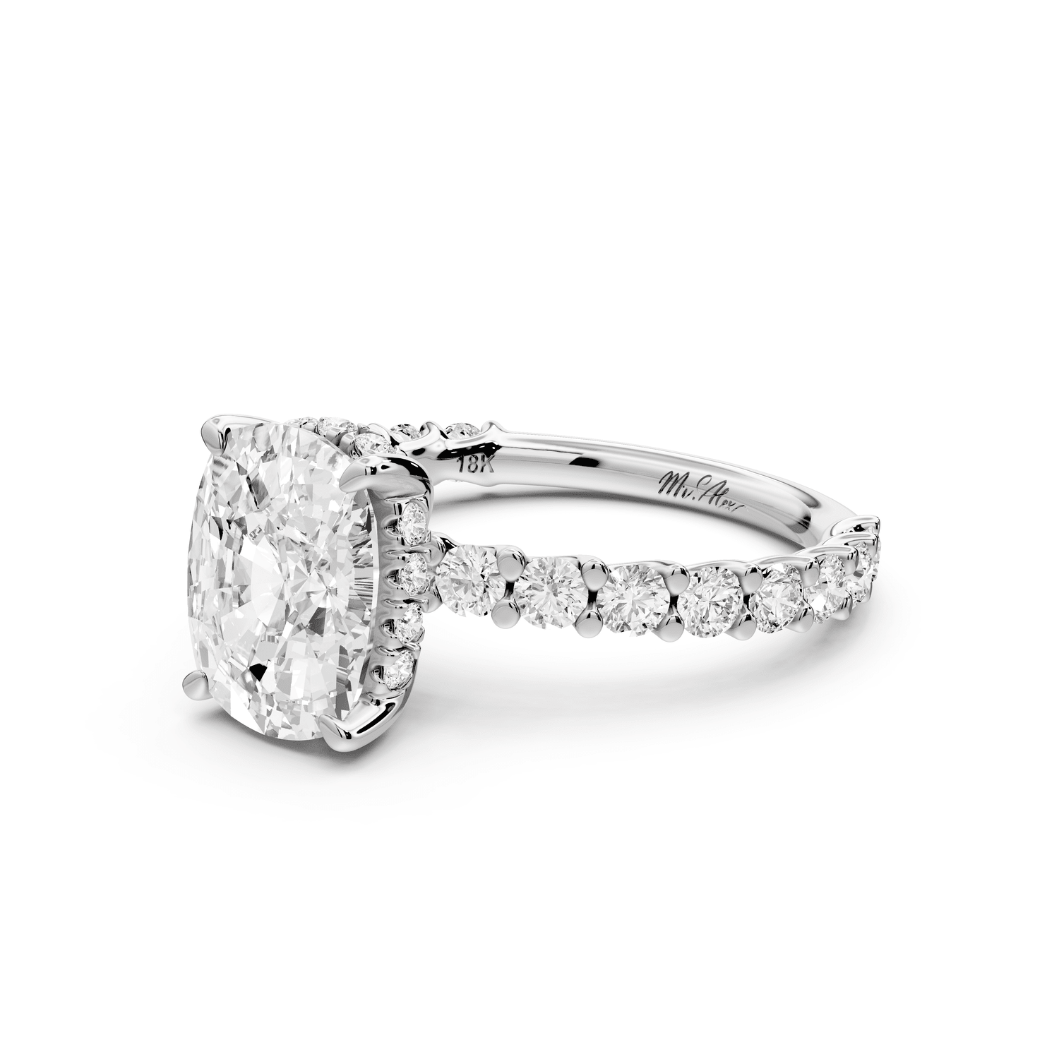Siena - 3ct platinum ecushion Hidden Halo with Shared Prong Pavé Engagement Ring - Mr. Alex Jewelry