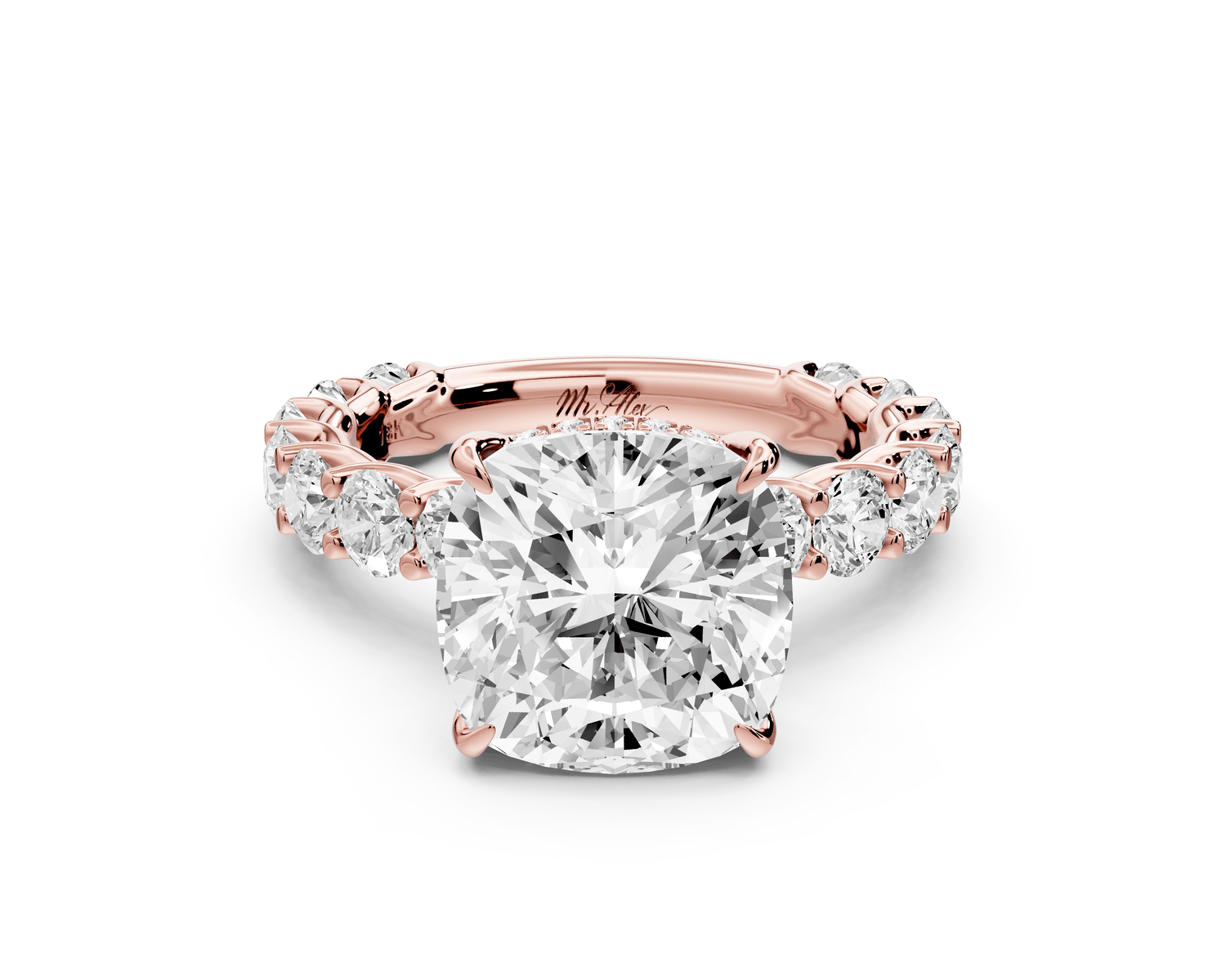 Siena - 4ct 14k rose gold cushion Hidden Halo with Shared Prong Pavé Engagement Ring - Mr. Alex Jewelry