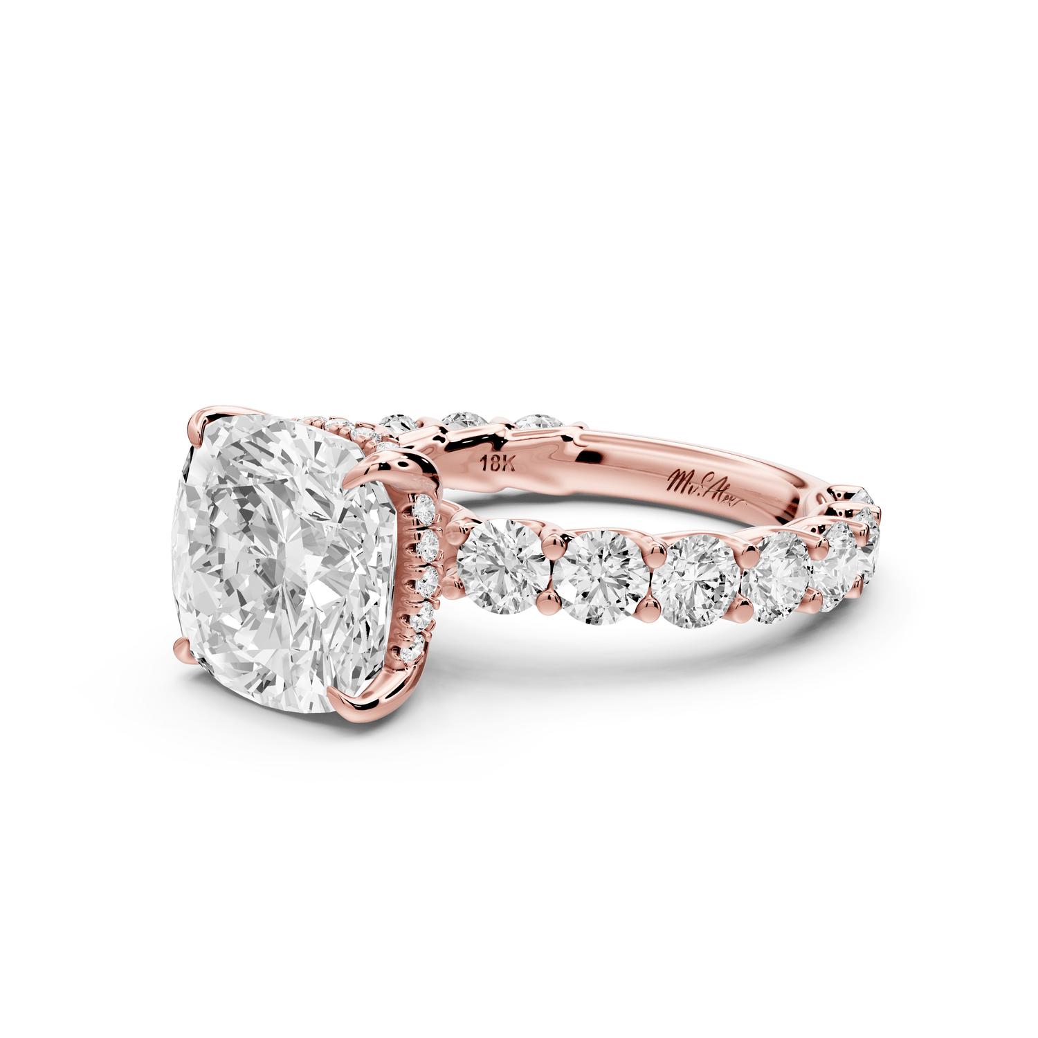 Siena - 4ct 14k rose gold cushion Hidden Halo with Shared Prong Pavé Engagement Ring - Mr. Alex Jewelry