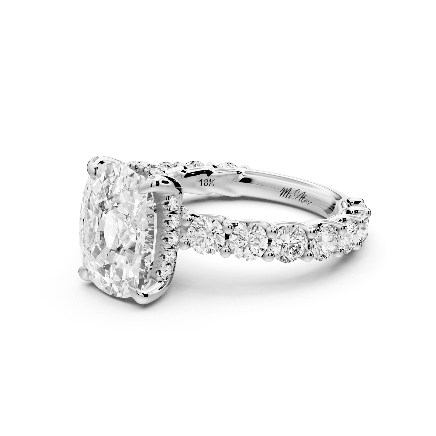 Siena - 4ct 14k white gold ecushion Hidden Halo with Shared Prong Pavé Engagement Ring - Mr. Alex Jewelry