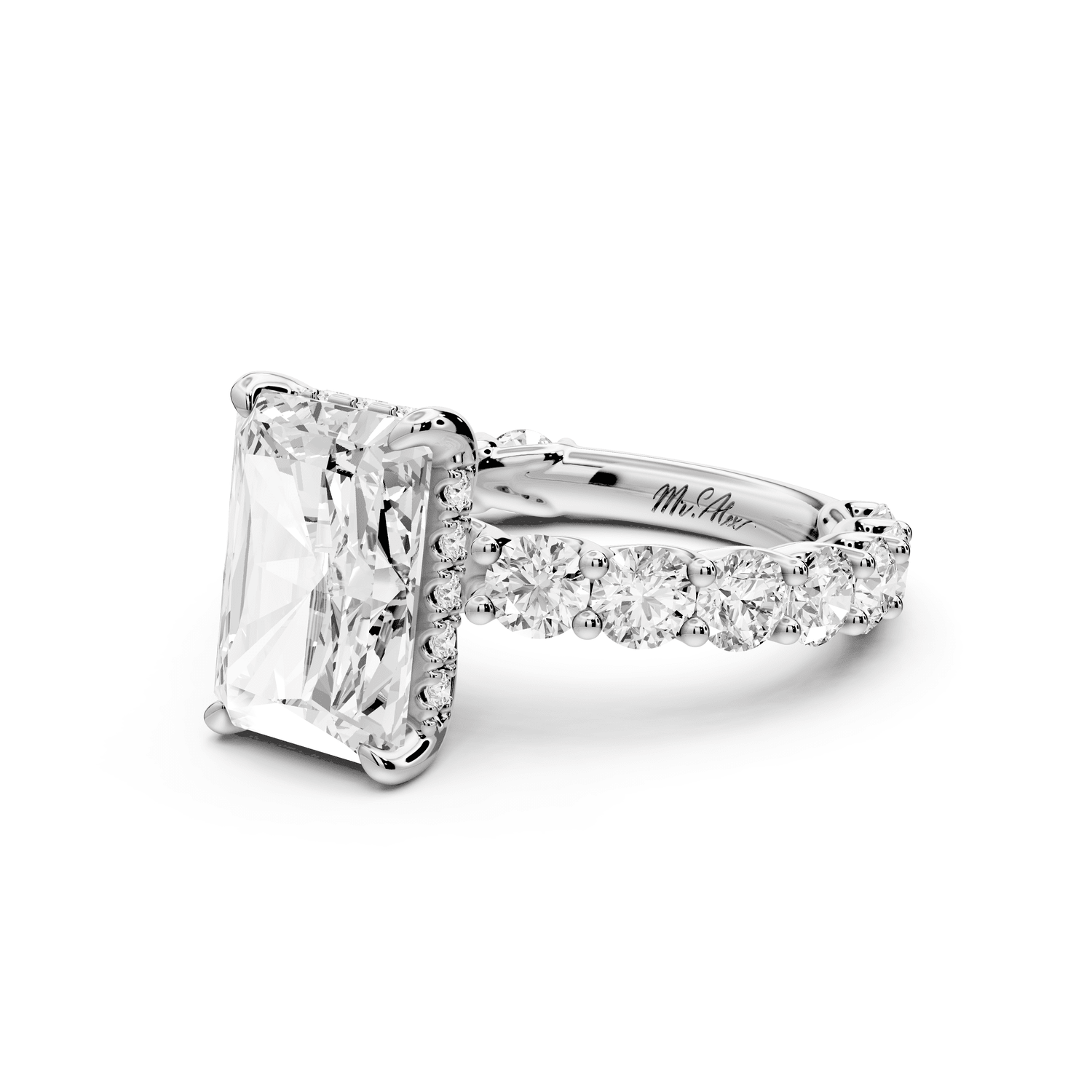 Siena - 4ct 14k white gold radiant Hidden Halo with Shared Prong Pavé Engagement Ring - Mr. Alex Jewelry
