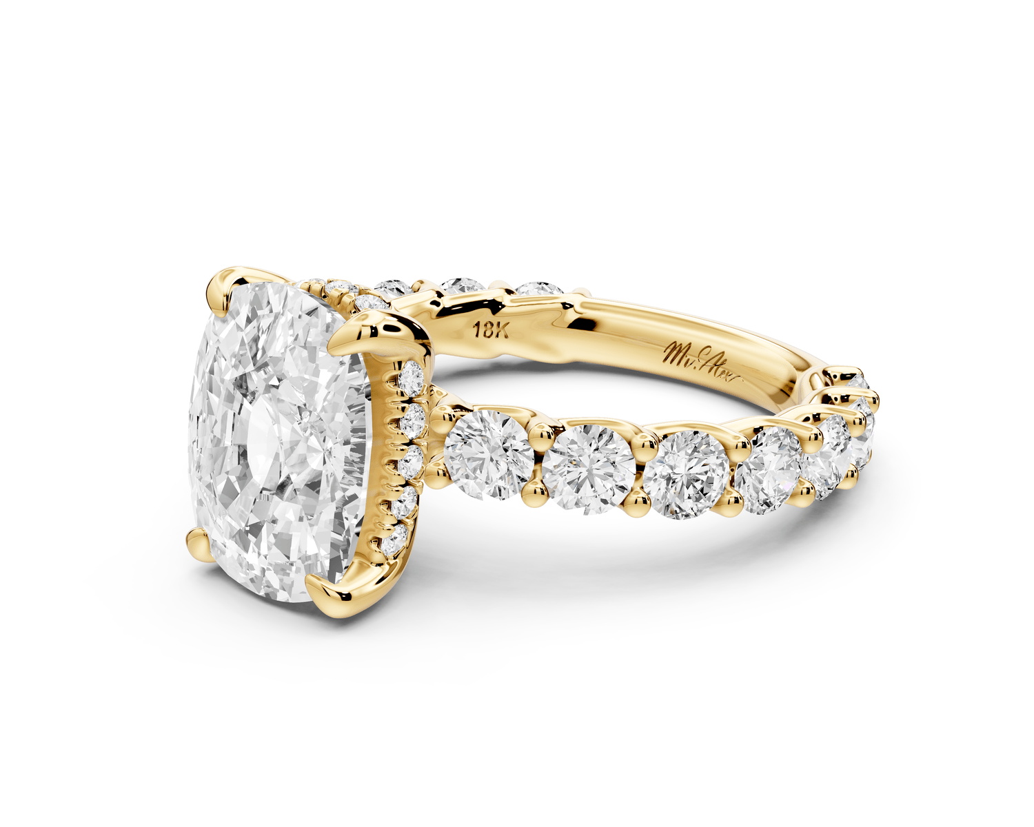 Siena - 4ct 14k yellow gold ecushion Hidden Halo with Shared Prong Pavé Engagement Ring - Mr. Alex Jewelry