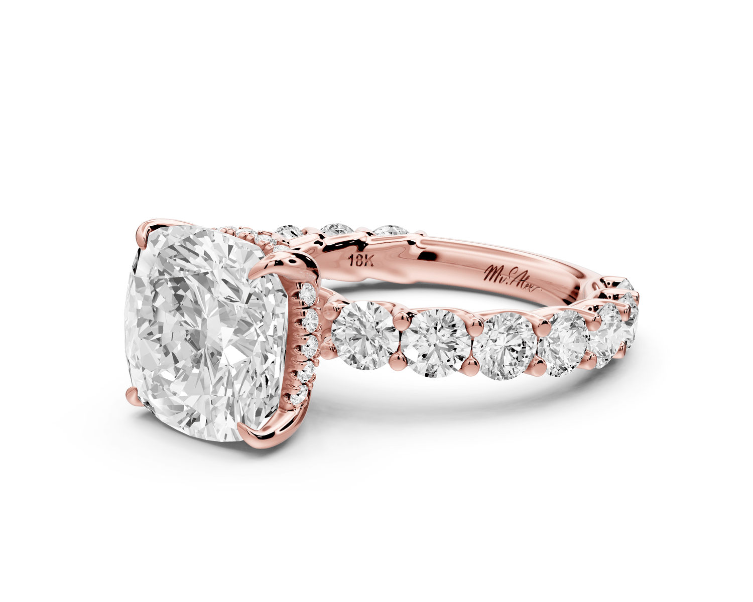Siena - 4ct 18k rose gold cushion Hidden Halo with Shared Prong Pavé Engagement Ring - Mr. Alex Jewelry