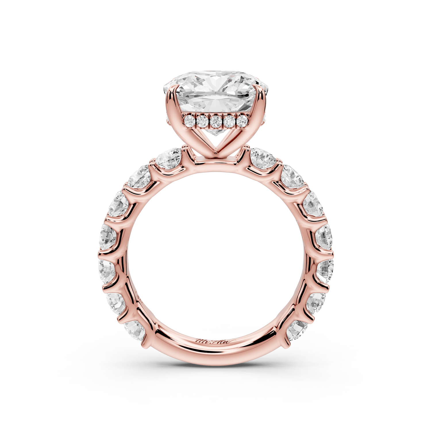 Siena - 4ct 18k rose gold cushion Hidden Halo with Shared Prong Pavé Engagement Ring - Mr. Alex Jewelry