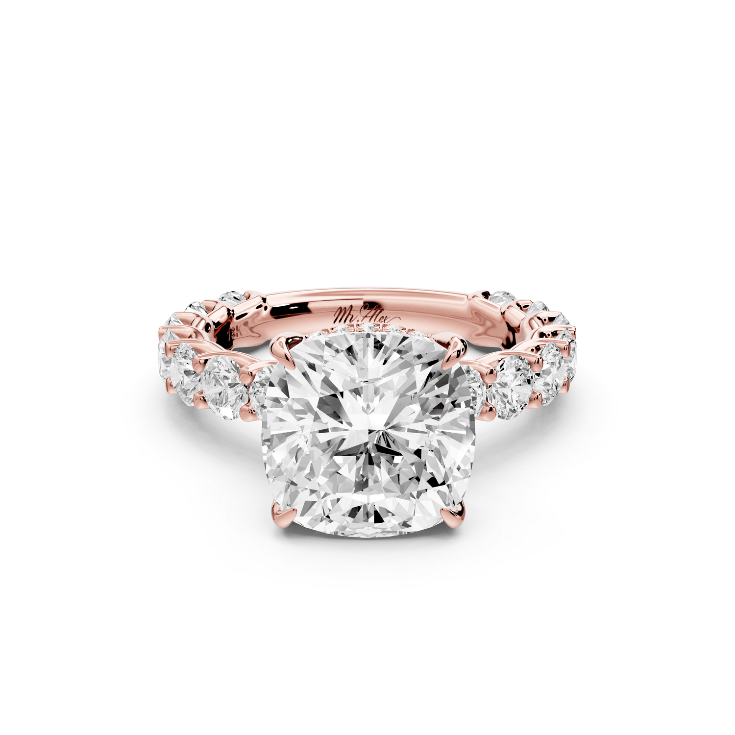 Siena - 4ct 18k rose gold cushion Hidden Halo with Shared Prong Pavé Engagement Ring - Mr. Alex Jewelry