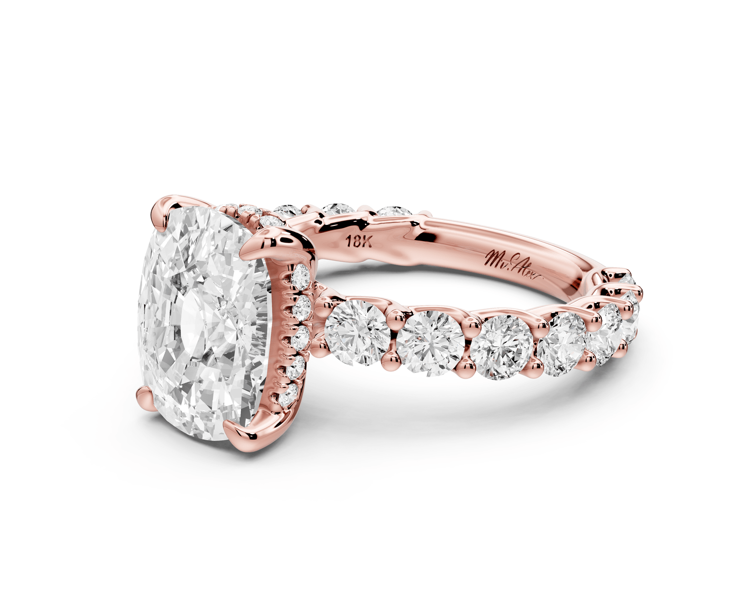 Siena - 4ct 18k rose gold ecushion Hidden Halo with Shared Prong Pavé Engagement Ring - Mr. Alex Jewelry