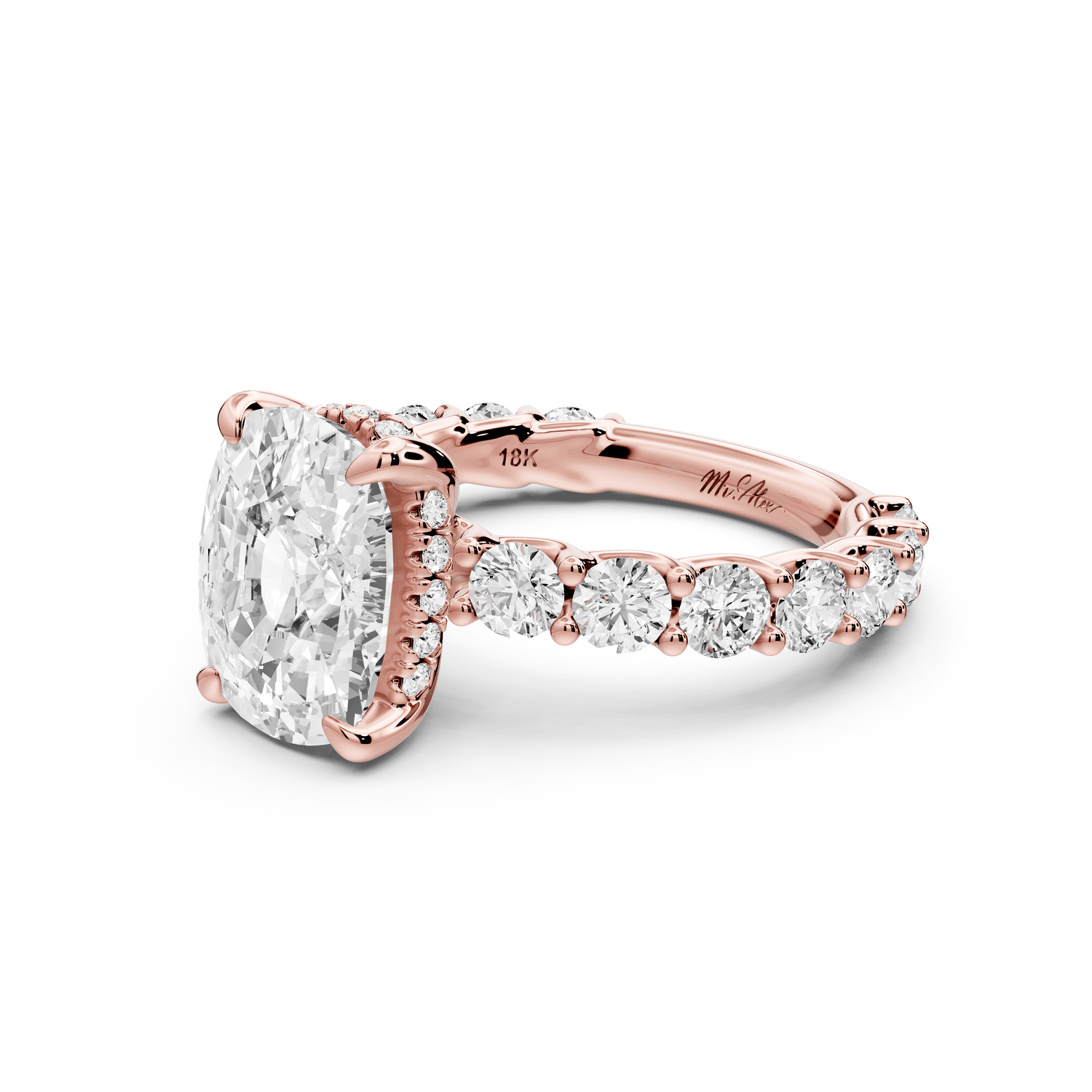 Siena - 4ct 18k rose gold ecushion Hidden Halo with Shared Prong Pavé Engagement Ring - Mr. Alex Jewelry
