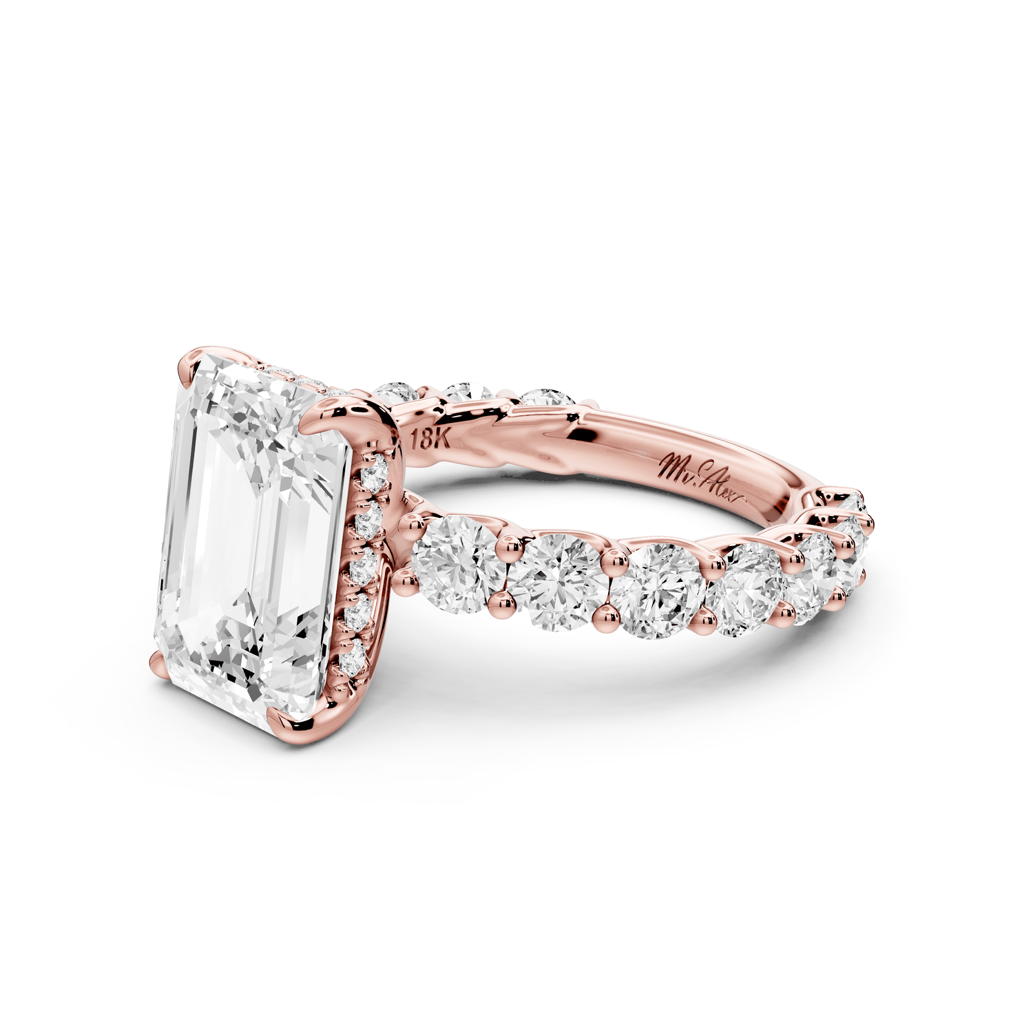 Siena - 4ct 18k rose gold emerald Hidden Halo with Shared Prong Pavé Engagement Ring - Mr. Alex Jewelry