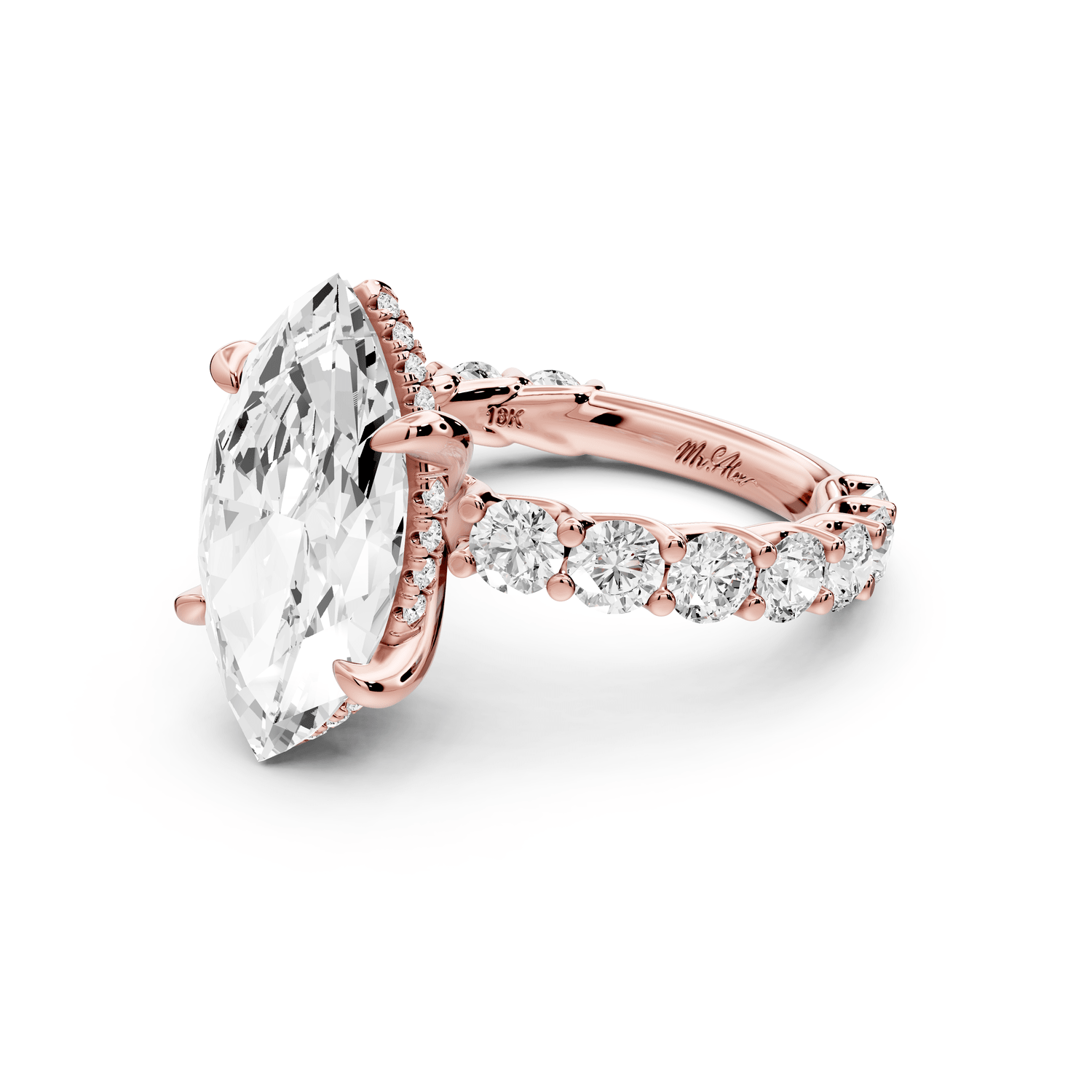 Siena - 4ct 18k rose gold marquise Hidden Halo with Shared Prong Pavé Engagement Ring - Mr. Alex Jewelry