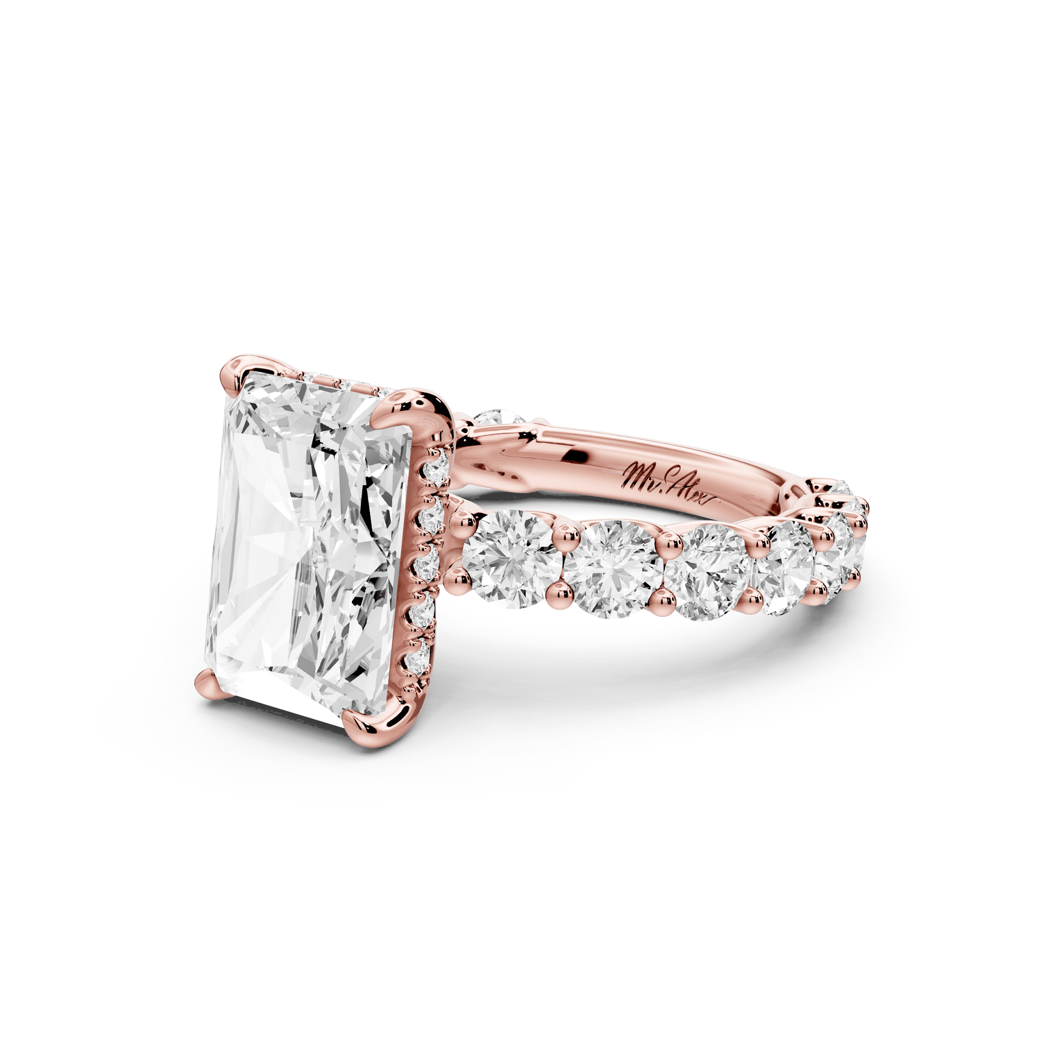 Siena - 4ct 18k rose gold radiant Hidden Halo with Shared Prong Pavé Engagement Ring - Mr. Alex Jewelry