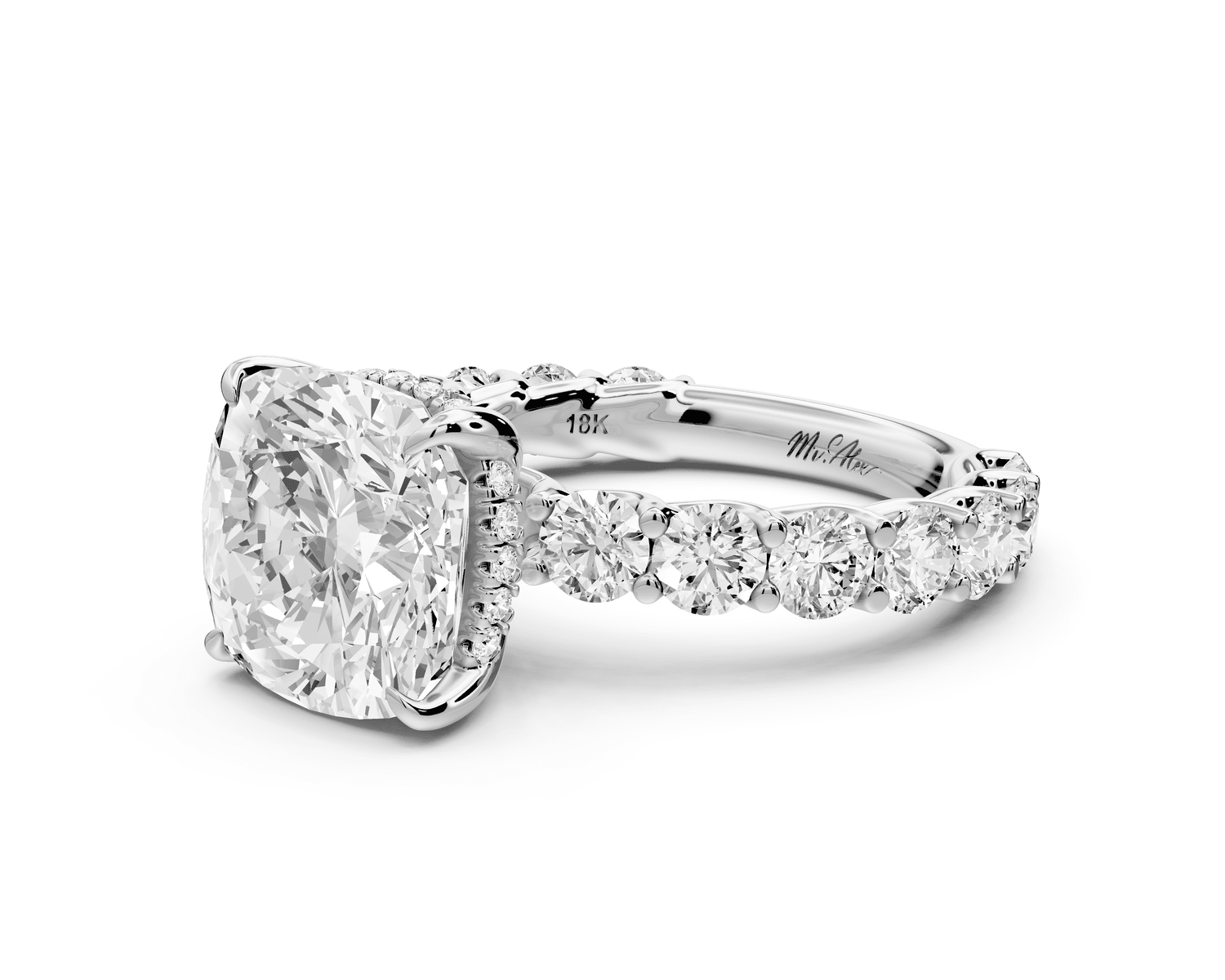 Siena - 4ct 18k white gold cushion Hidden Halo with Shared Prong Pavé Engagement Ring - Mr. Alex Jewelry
