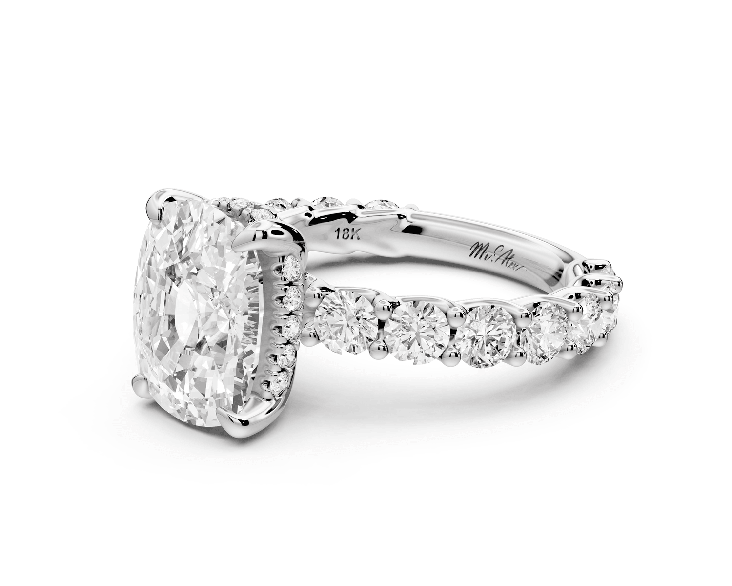 Siena - 4ct 18k white gold ecushion Hidden Halo with Shared Prong Pavé Engagement Ring - Mr. Alex Jewelry