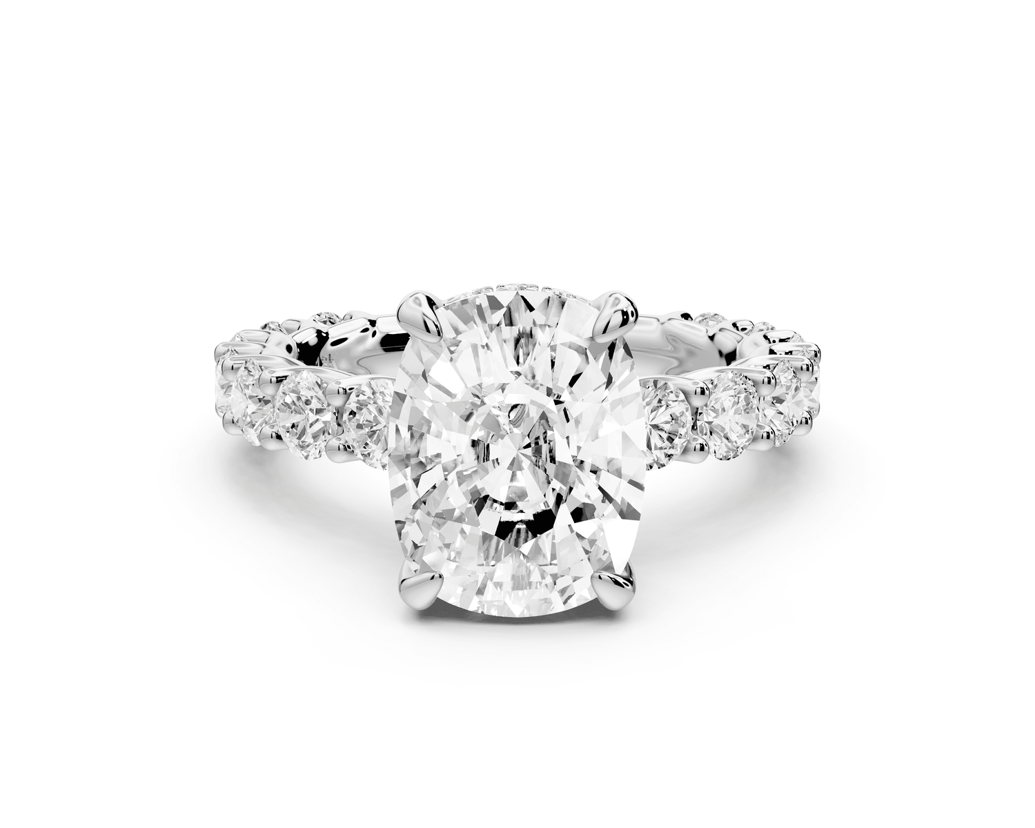 Siena - 4ct 18k white gold ecushion Hidden Halo with Shared Prong Pavé Engagement Ring - Mr. Alex Jewelry