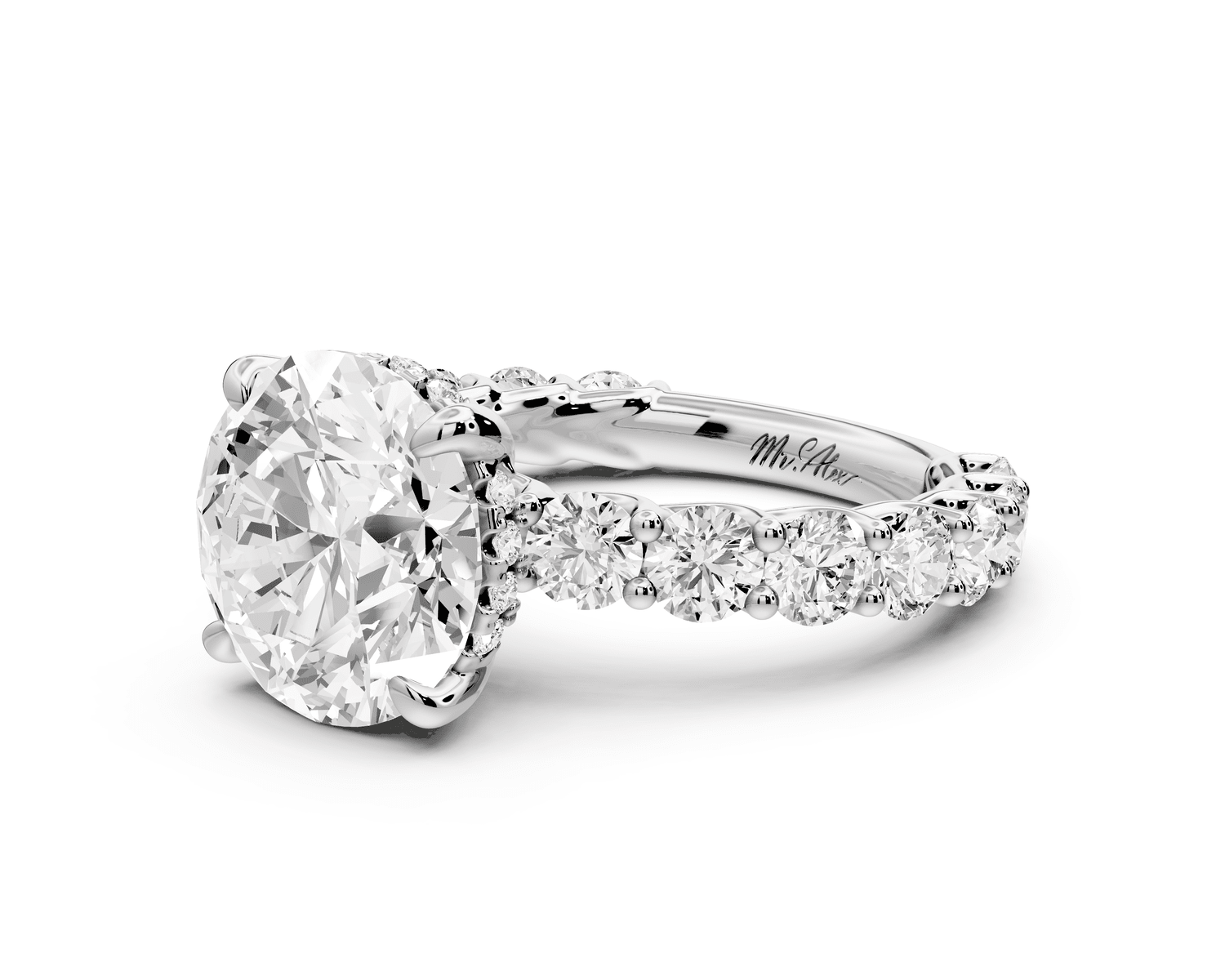 Siena - 4ct 18k white gold round Hidden Halo with Shared Prong Pavé Engagement Ring - Mr. Alex Jewelry