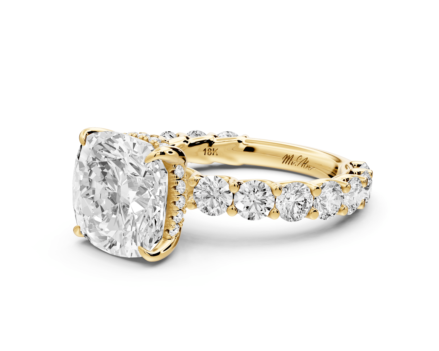 Siena - 4ct 18k yellow gold cushion Hidden Halo with Shared Prong Pavé Engagement Ring - Mr. Alex Jewelry