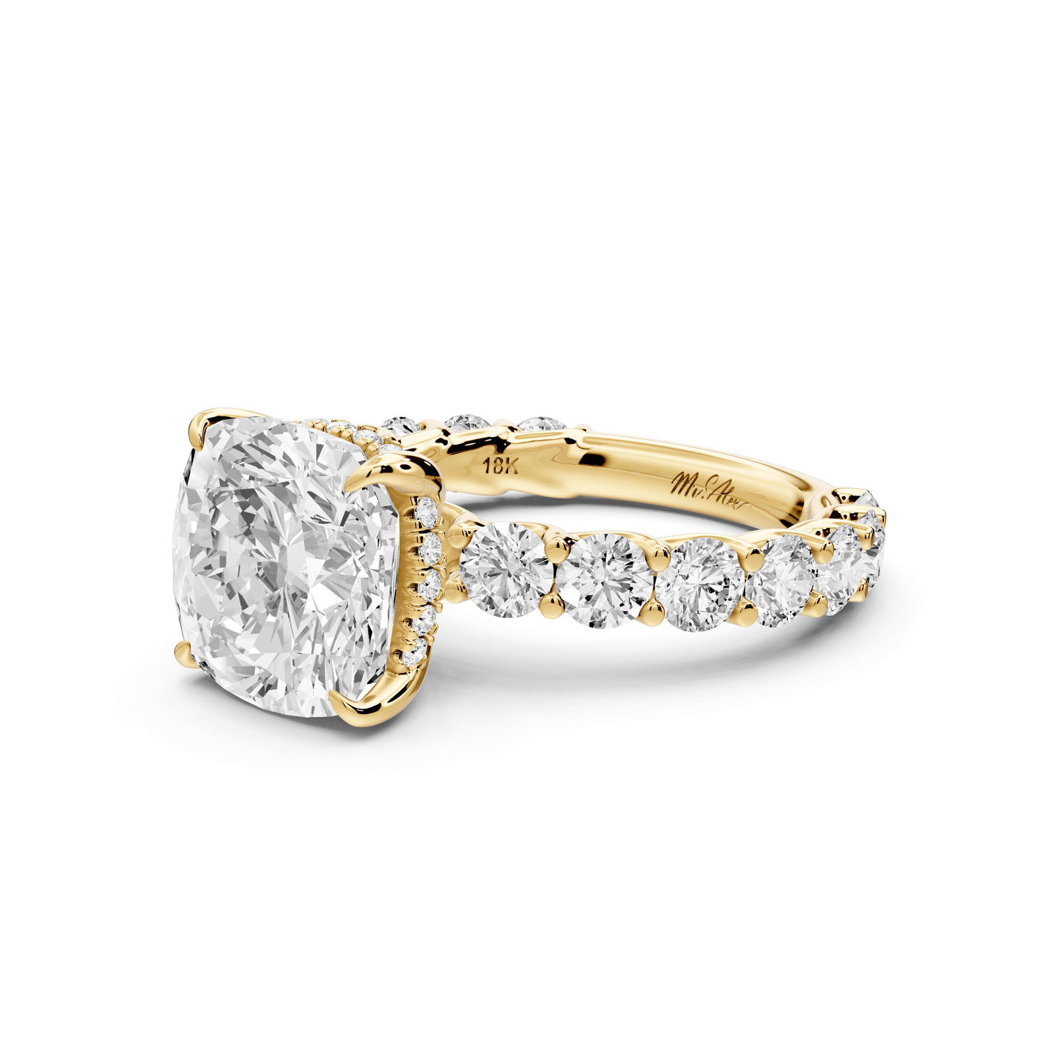 Siena - 4ct 18k yellow gold cushion Hidden Halo with Shared Prong Pavé Engagement Ring - Mr. Alex Jewelry