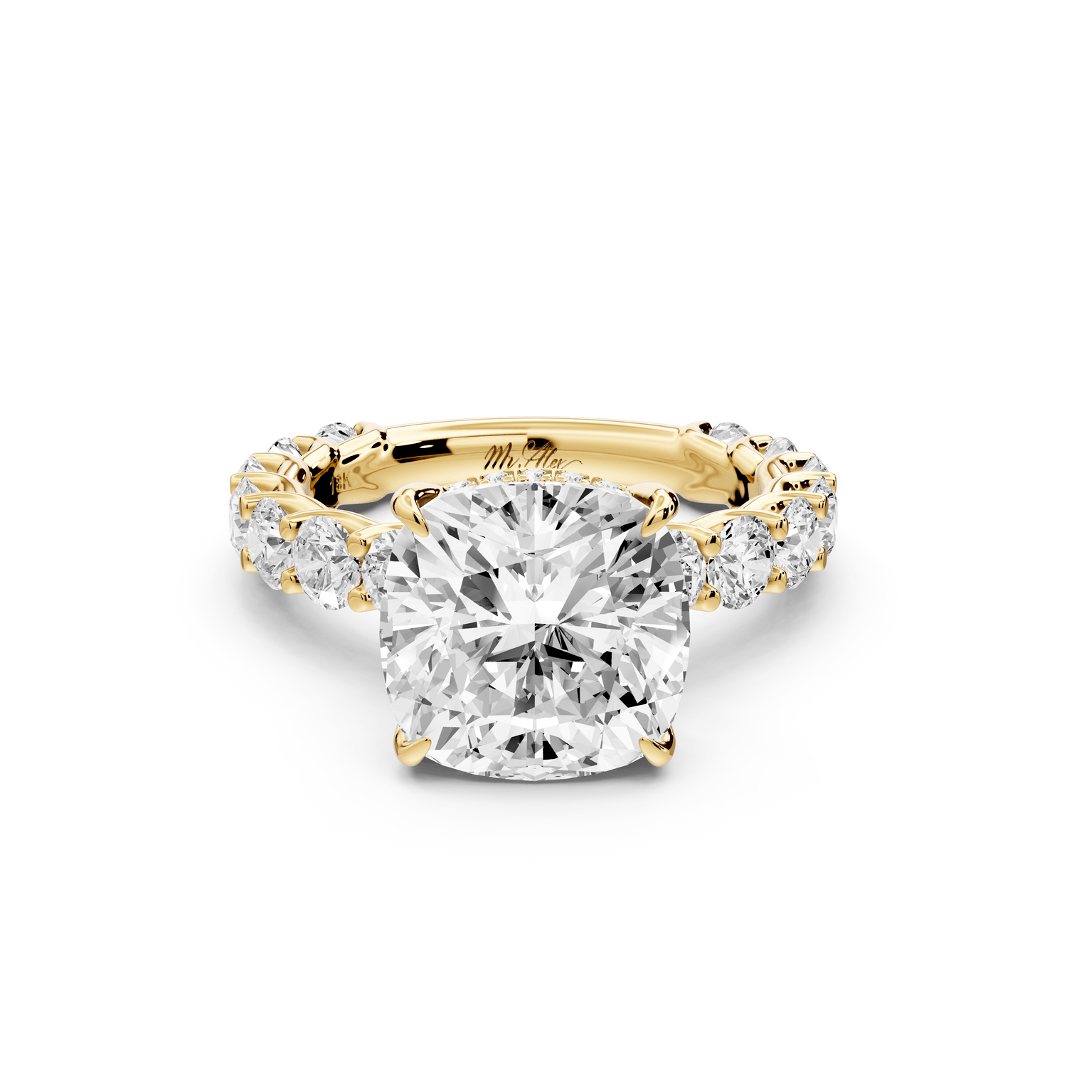 Siena - 4ct 18k yellow gold cushion Hidden Halo with Shared Prong Pavé Engagement Ring - Mr. Alex Jewelry