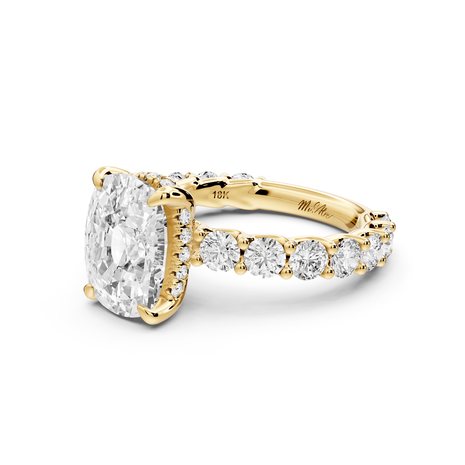 Siena - 4ct 18k yellow gold ecushion Hidden Halo with Shared Prong Pavé Engagement Ring - Mr. Alex Jewelry