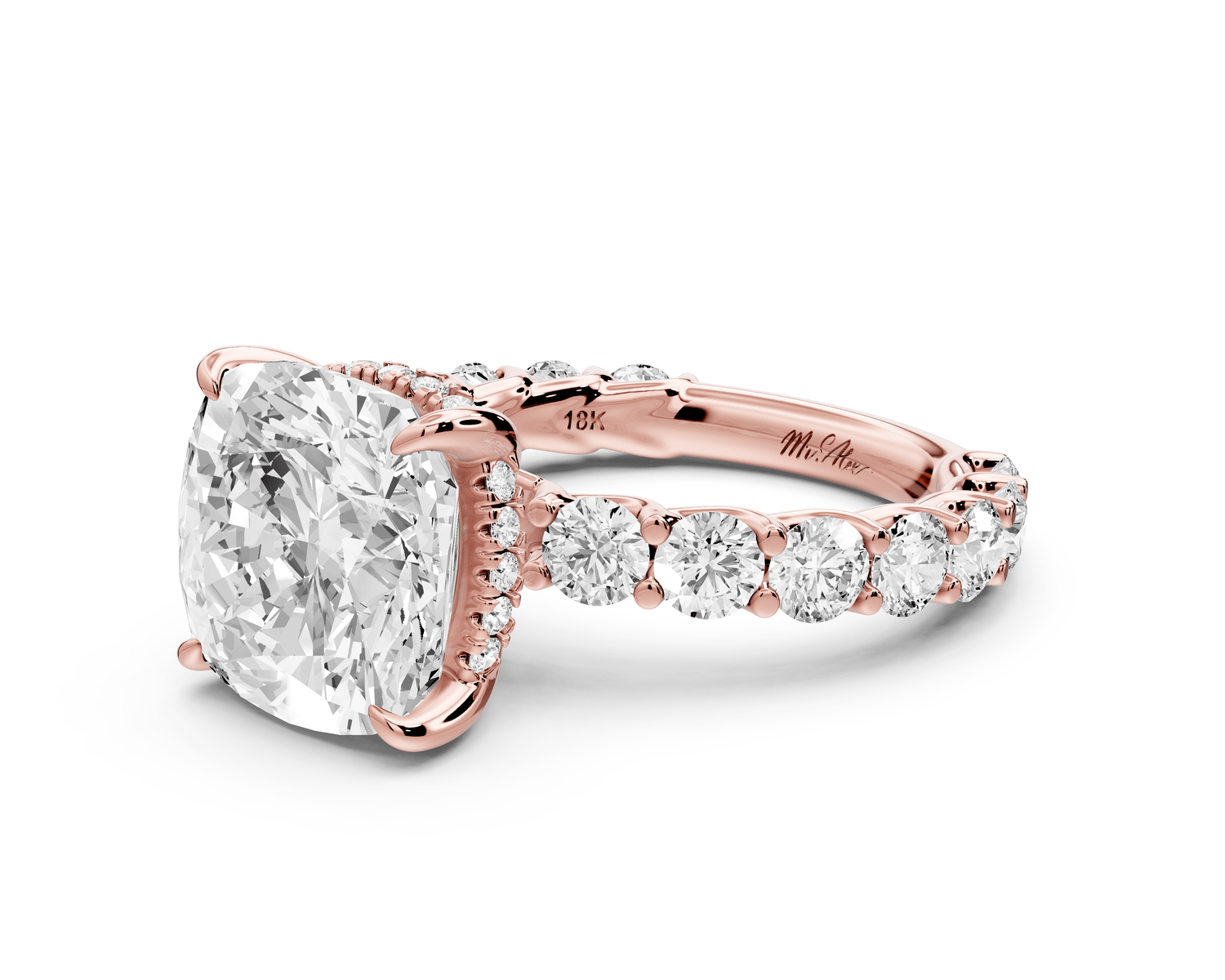 Siena - 5ct 14k rose gold cushion Hidden Halo with Shared Prong Pavé Engagement Ring - Mr. Alex Jewelry