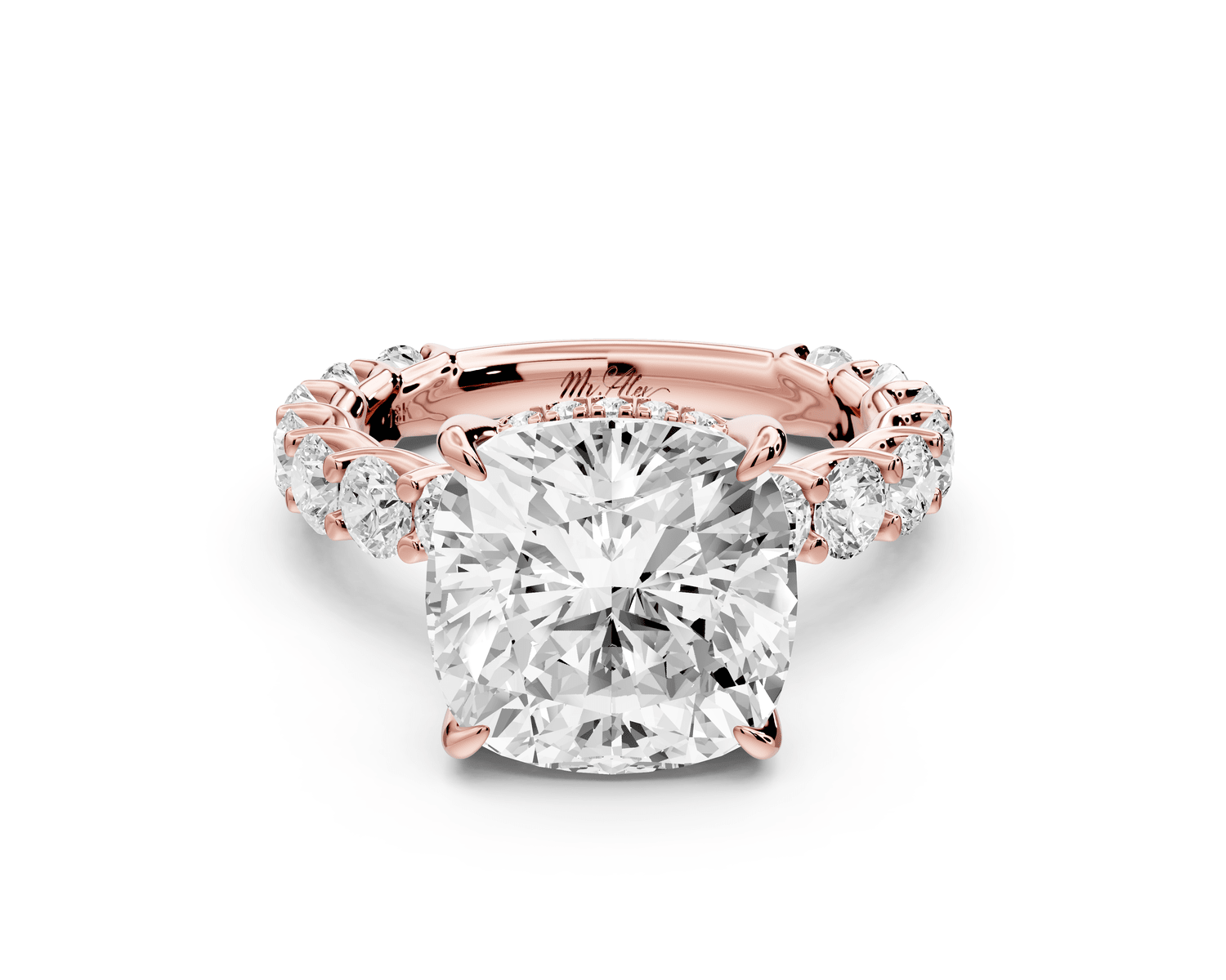 Siena - 5ct 14k rose gold cushion Hidden Halo with Shared Prong Pavé Engagement Ring - Mr. Alex Jewelry