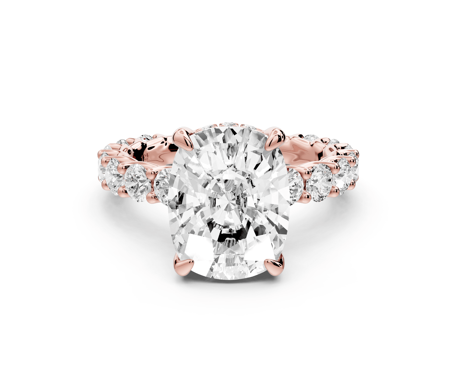 Siena - 5ct 14k rose gold ecushion Hidden Halo with Shared Prong Pavé Engagement Ring - Mr. Alex Jewelry