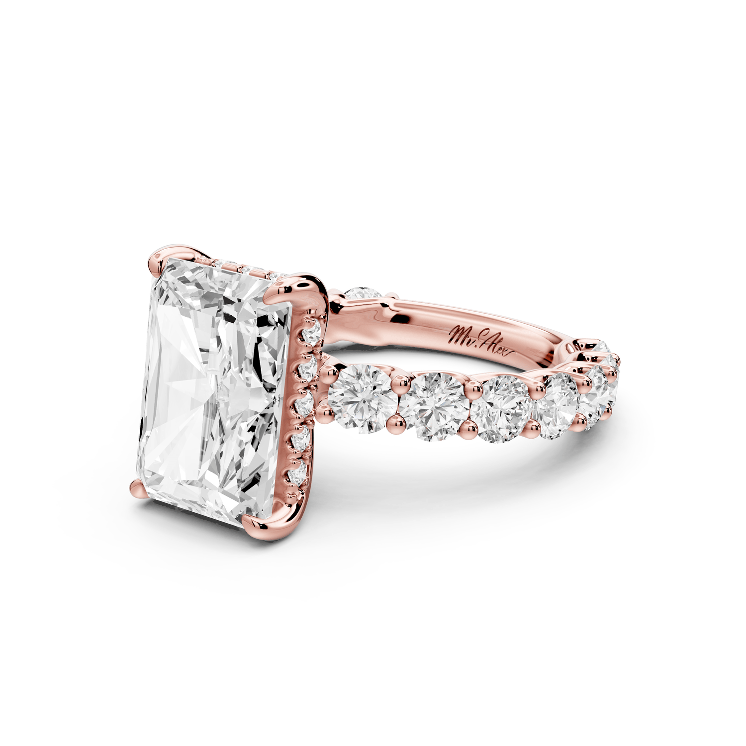 Siena - 5ct 14k rose gold radiant Hidden Halo with Shared Prong Pavé Engagement Ring - Mr. Alex Jewelry