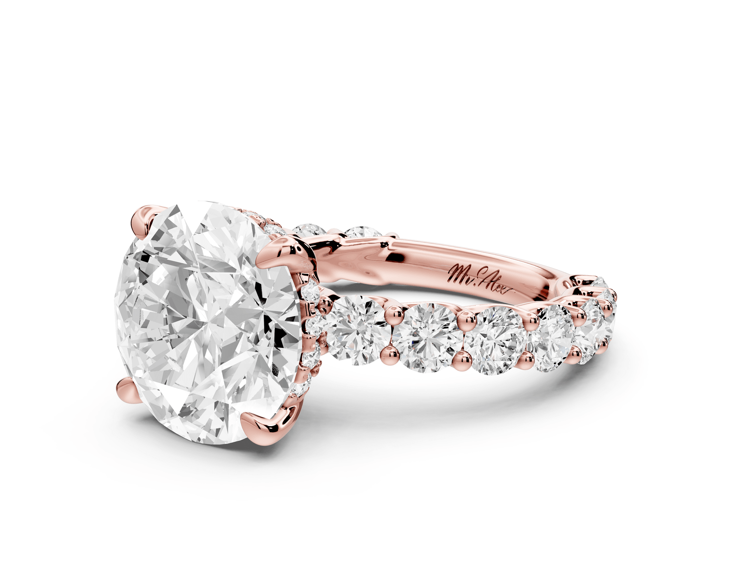 Siena - 5ct 14k rose gold round Hidden Halo with Shared Prong Pavé Engagement Ring - Mr. Alex Jewelry