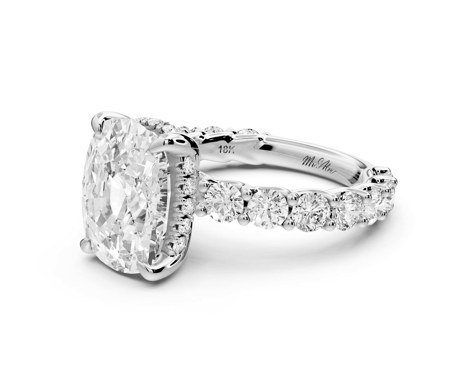 Siena - 5ct 14k white gold ecushion Hidden Halo with Shared Prong Pavé Engagement Ring - Mr. Alex Jewelry