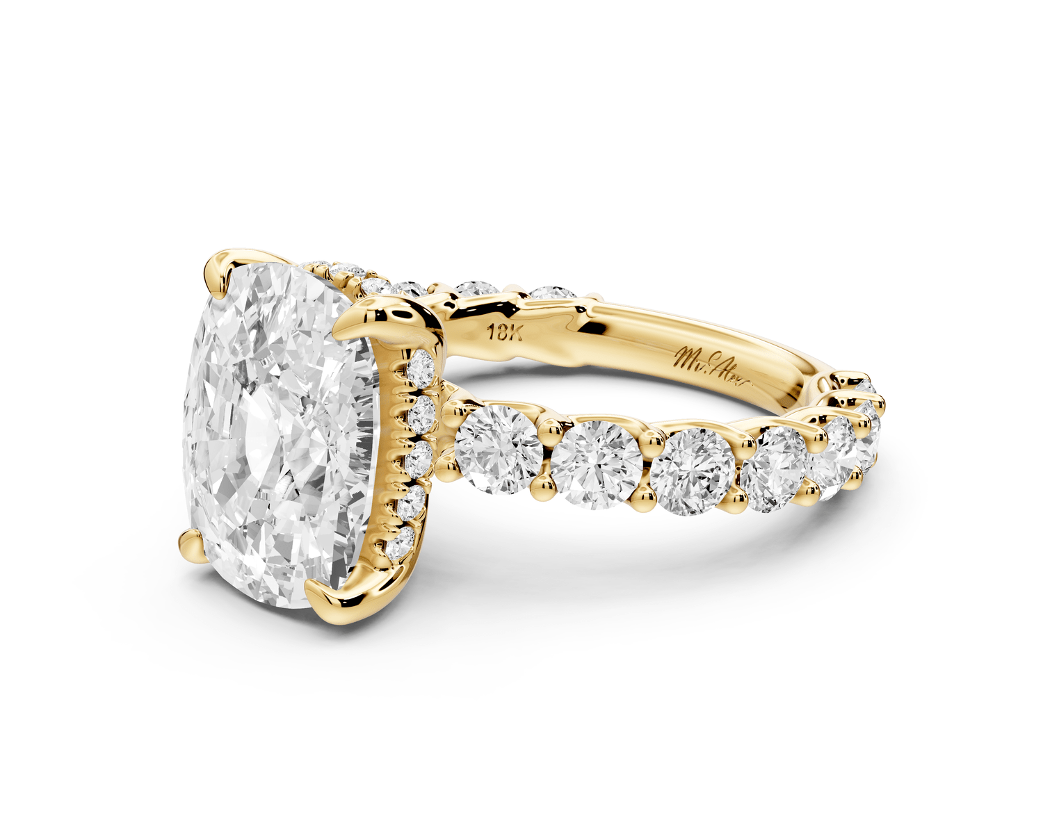 Siena - 5ct 14k yellow gold ecushion Hidden Halo with Shared Prong Pavé Engagement Ring - Mr. Alex Jewelry