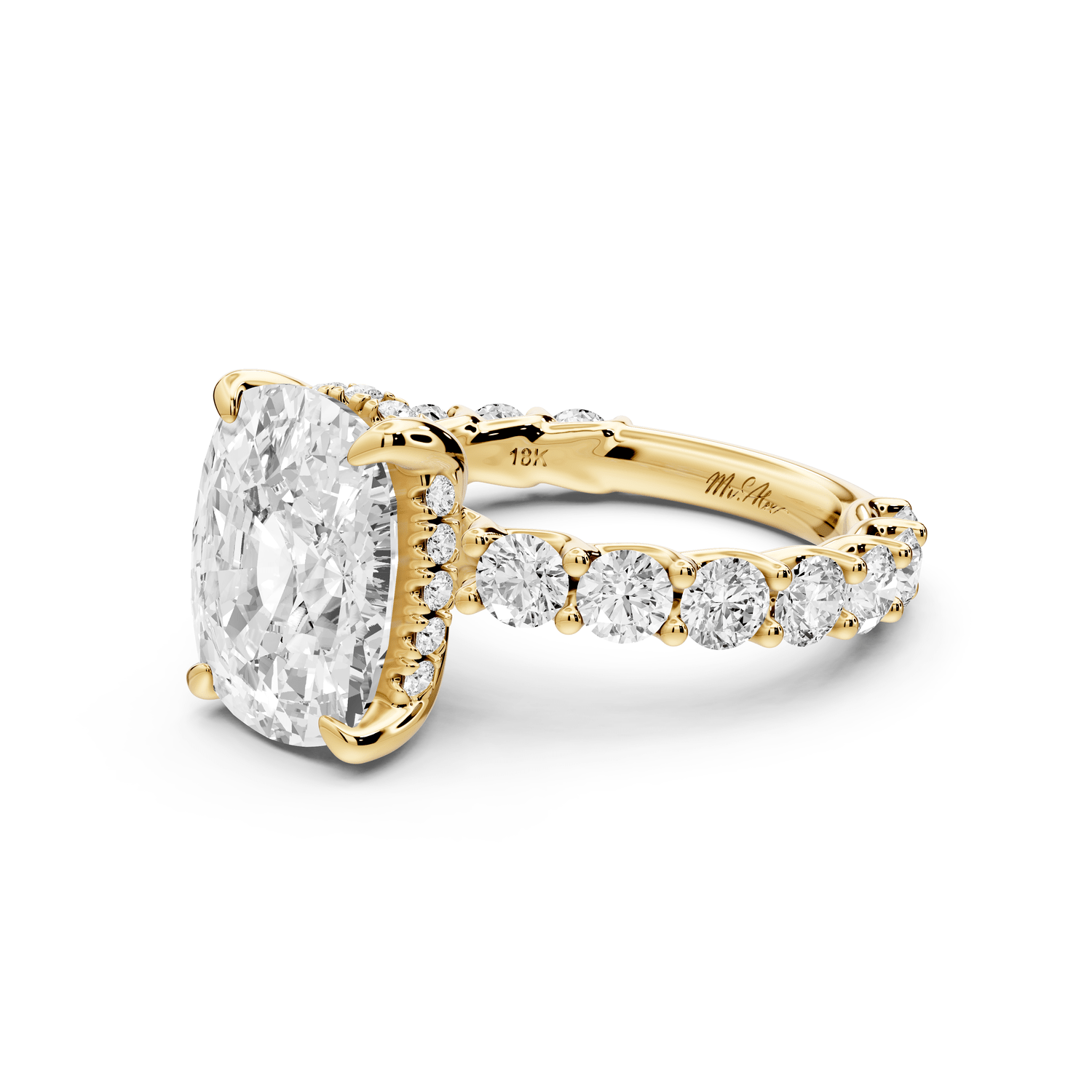 Siena - 5ct 14k yellow gold ecushion Hidden Halo with Shared Prong Pavé Engagement Ring - Mr. Alex Jewelry