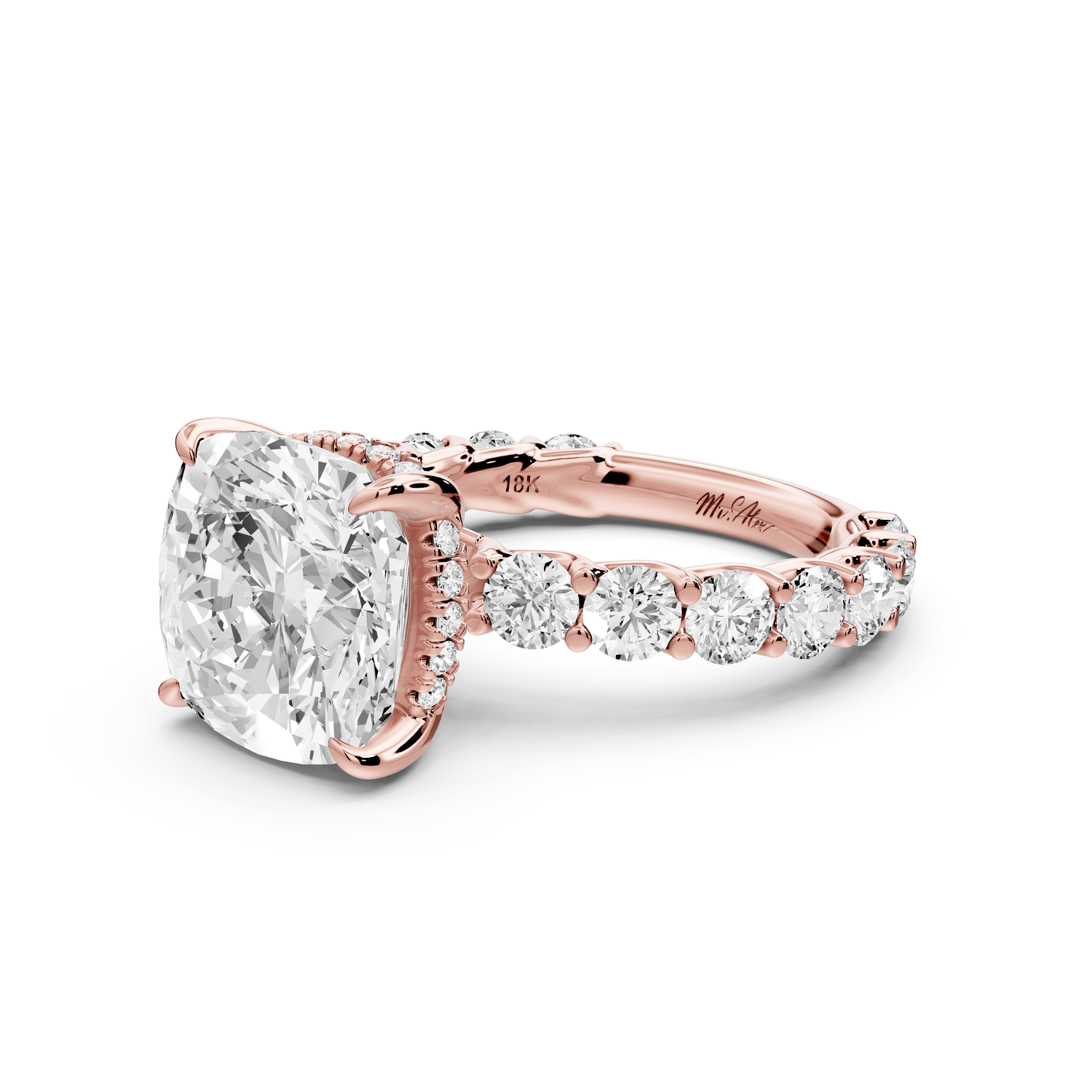 Siena - 5ct 18k rose gold cushion Hidden Halo with Shared Prong Pavé Engagement Ring - Mr. Alex Jewelry