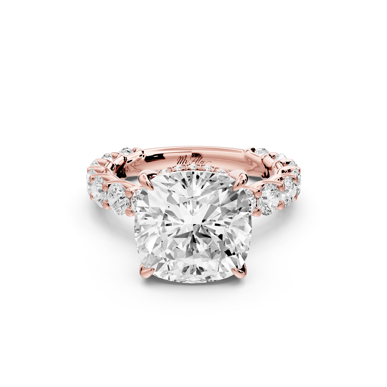 Siena - 5ct 18k rose gold cushion Hidden Halo with Shared Prong Pavé Engagement Ring - Mr. Alex Jewelry