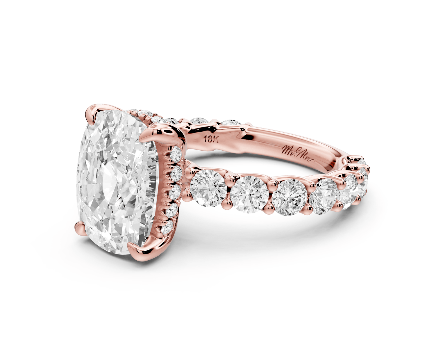 Siena - 5ct 18k rose gold ecushion Hidden Halo with Shared Prong Pavé Engagement Ring - Mr. Alex Jewelry
