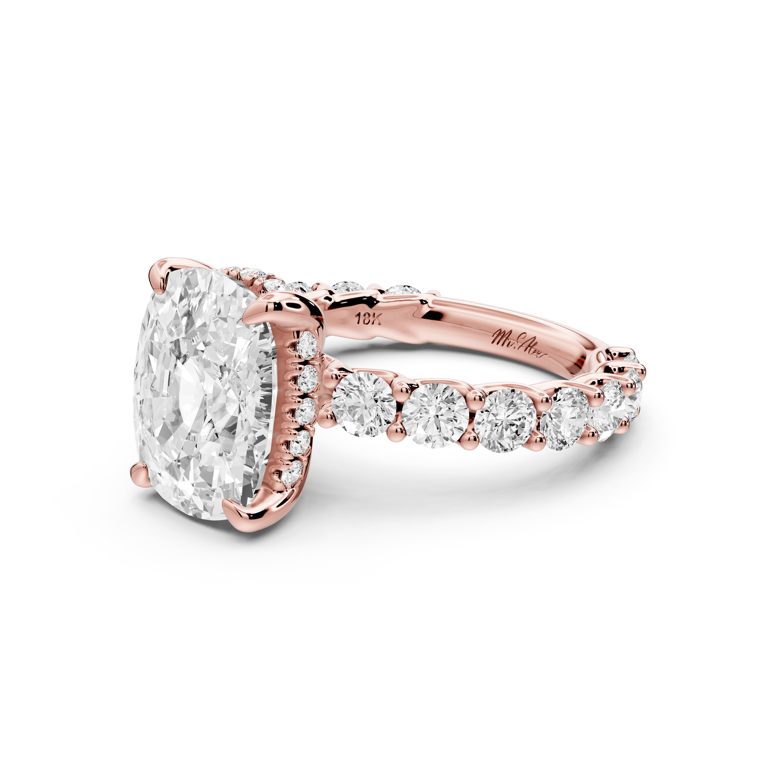 Siena - 5ct 18k rose gold ecushion Hidden Halo with Shared Prong Pavé Engagement Ring - Mr. Alex Jewelry