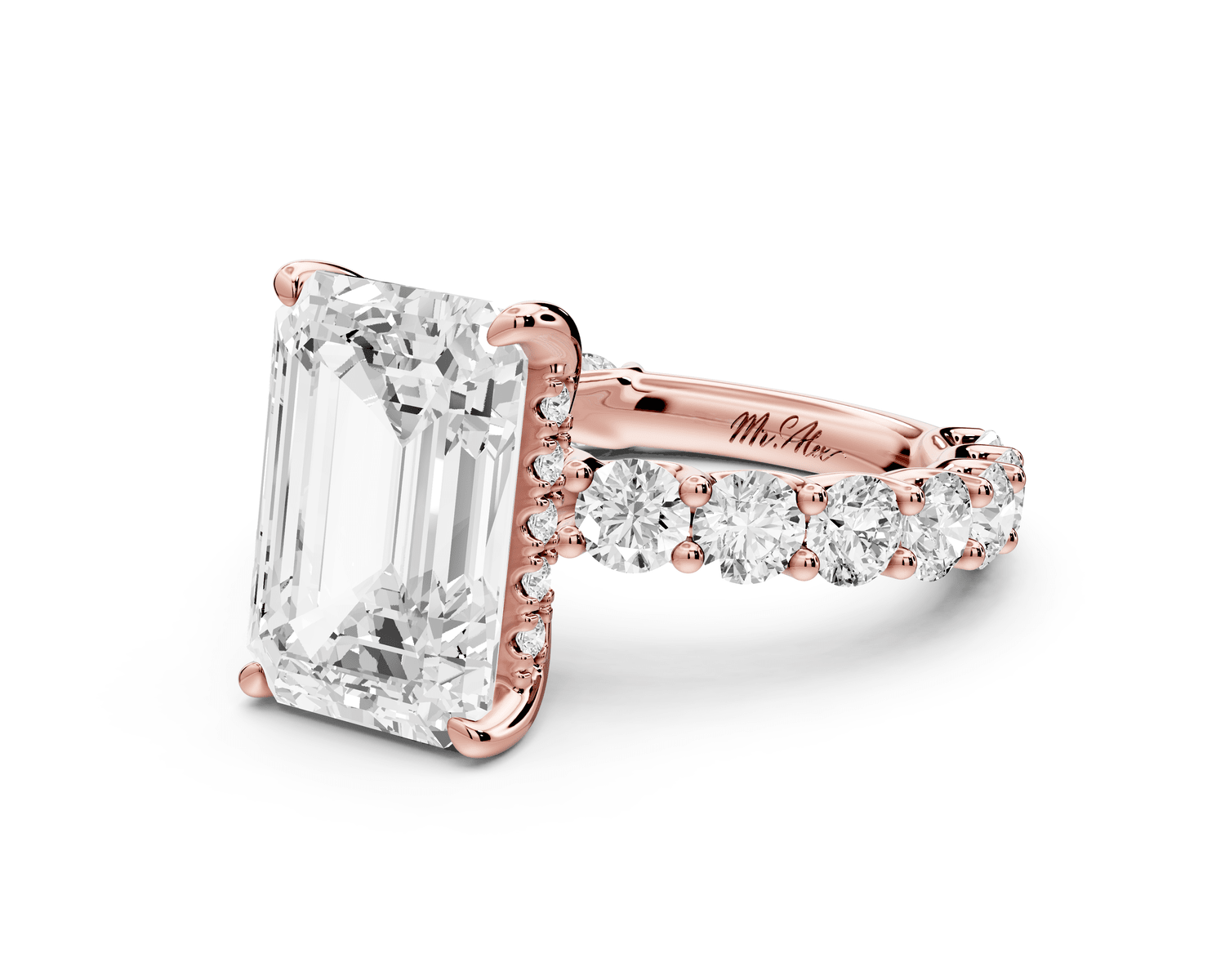Siena - 5ct 18k rose gold emerald Hidden Halo with Shared Prong Pavé Engagement Ring - Mr. Alex Jewelry