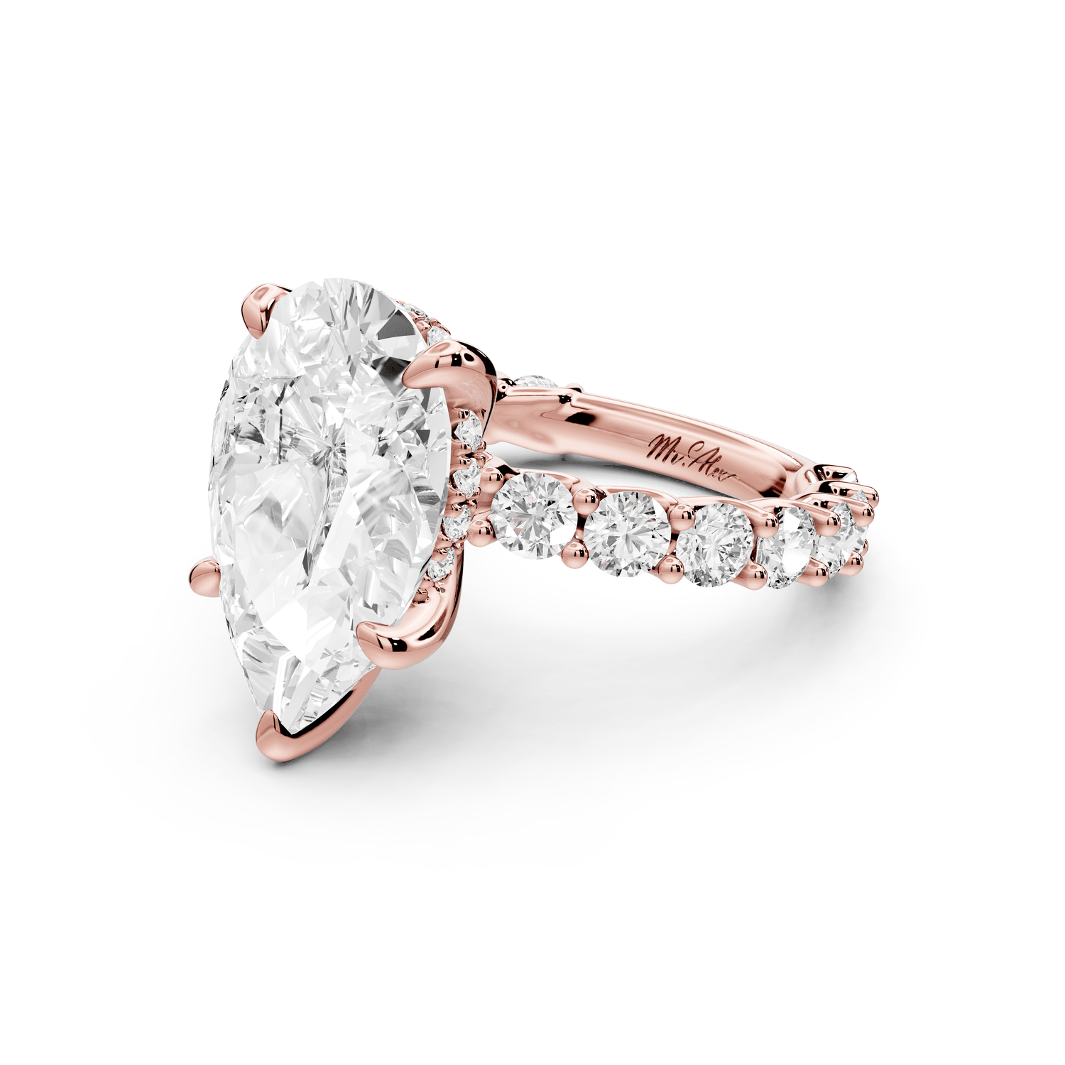 Siena - 5ct 18k rose gold pear Hidden Halo with Shared Prong Pavé Engagement Ring - Mr. Alex Jewelry