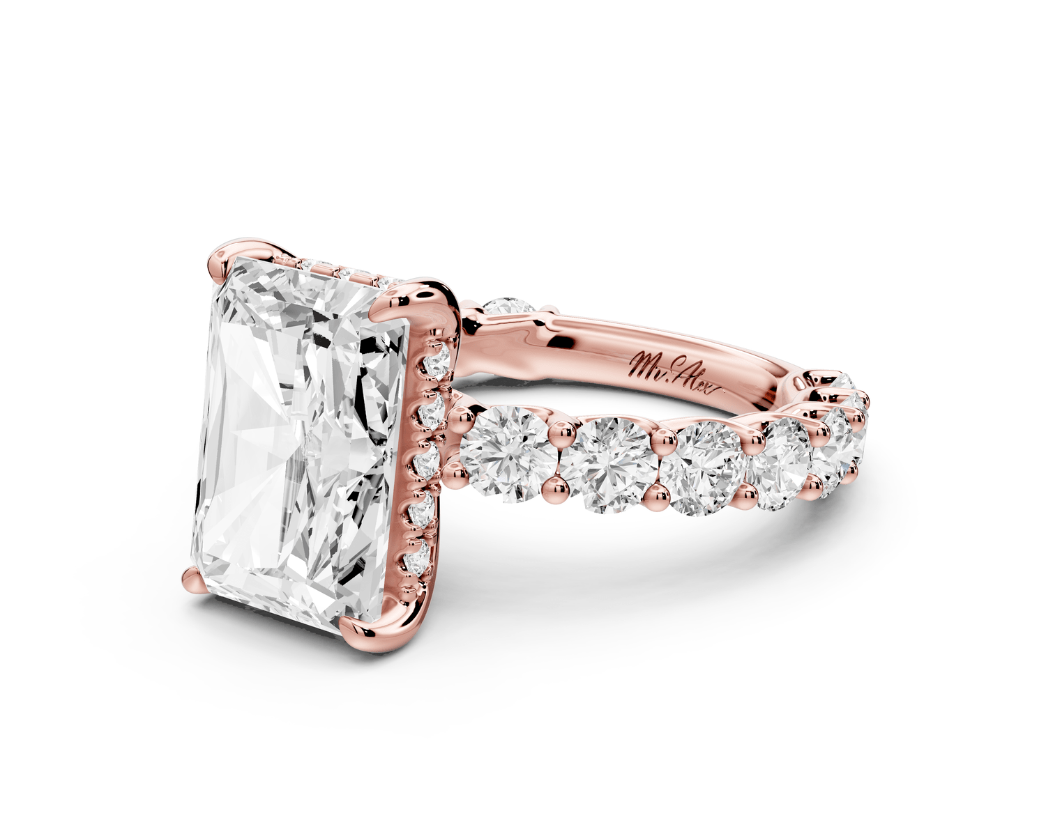 Siena - 5ct 18k rose gold radiant Hidden Halo with Shared Prong Pavé Engagement Ring - Mr. Alex Jewelry