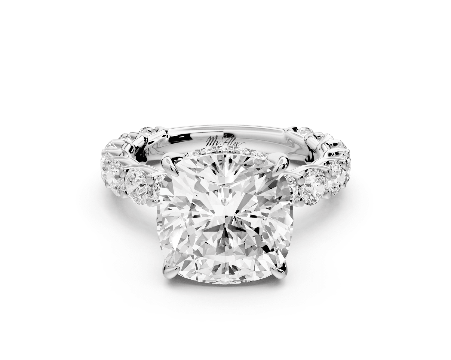 Siena - 5ct 18k white gold cushion Hidden Halo with Shared Prong Pavé Engagement Ring - Mr. Alex Jewelry
