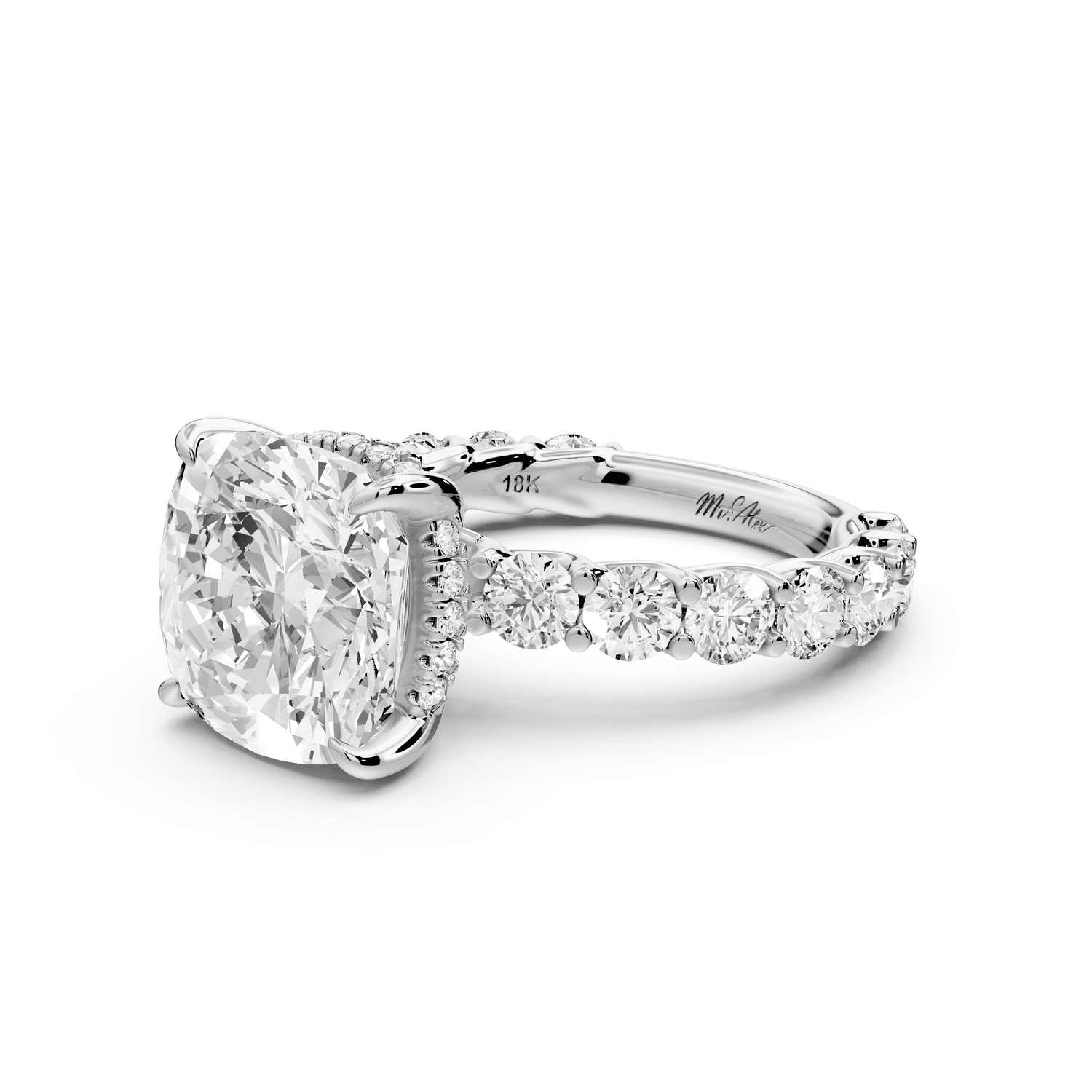 Siena - 5ct 18k white gold cushion Hidden Halo with Shared Prong Pavé Engagement Ring - Mr. Alex Jewelry