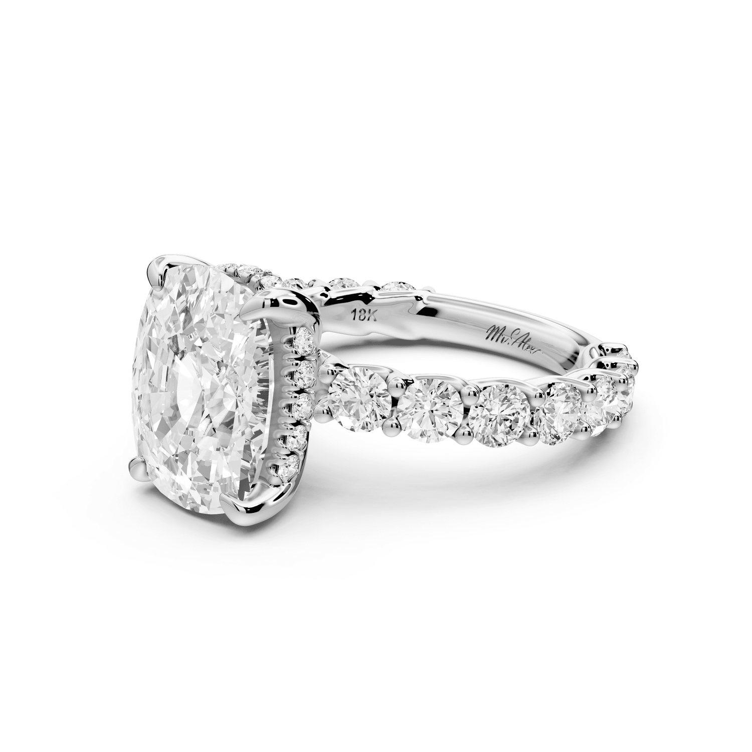 Siena - 5ct 18k white gold ecushion Hidden Halo with Shared Prong Pavé Engagement Ring - Mr. Alex Jewelry