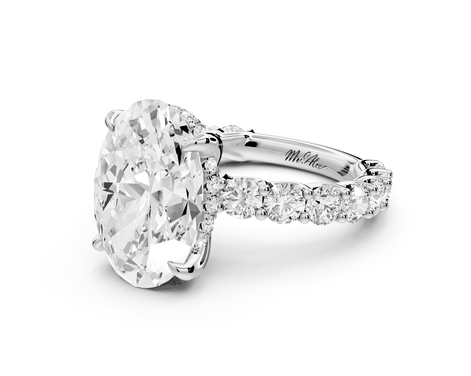 Siena - 5ct 18k white gold oval Hidden Halo with Shared Prong Pavé Engagement Ring - Mr. Alex Jewelry